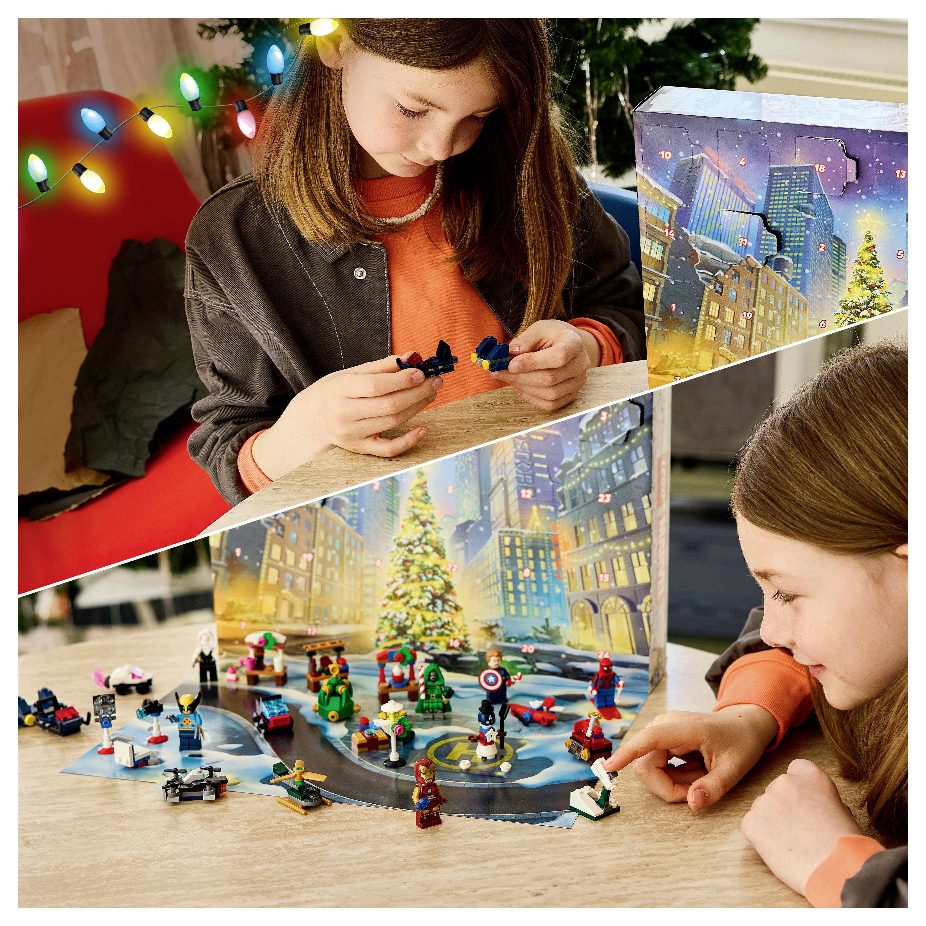 Dievča skladajúce LEGO minifigúrky a zimnú mestskú hračku na stole, vytvárajúce slávnostnú vianočnú scénu s vianočnými svetlami v pozadí.