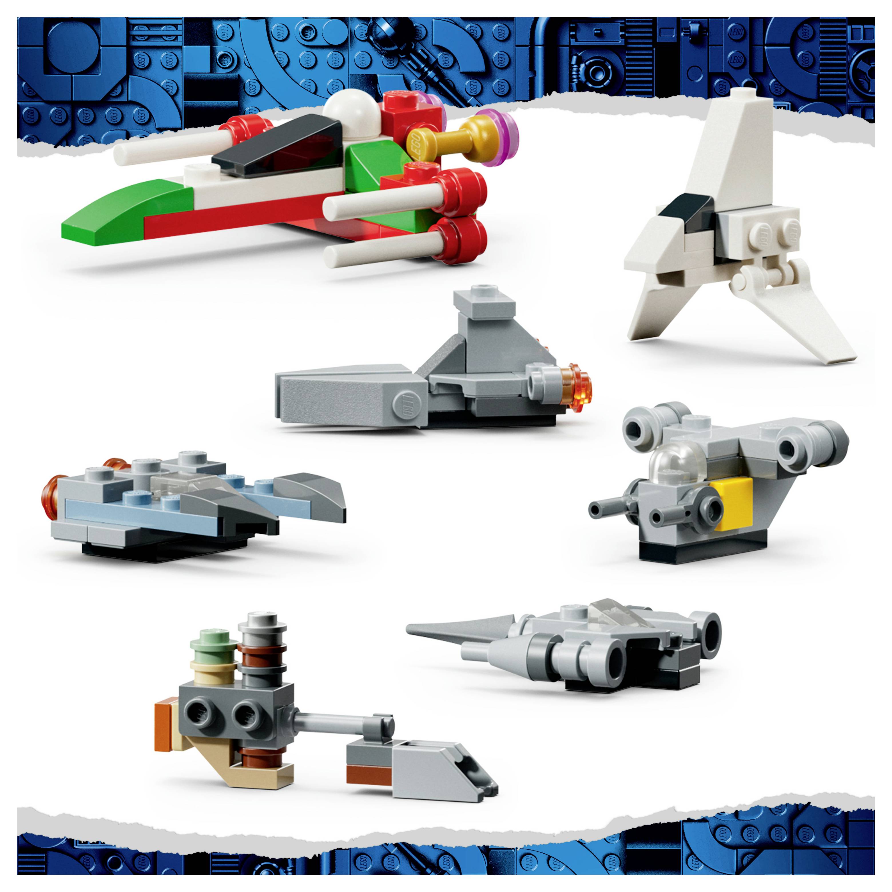 Rôzne malé modely vesmírnych lodí a vozidiel podobných LEGO vystavené na bielom pozadí s modrými hranami z kociek.