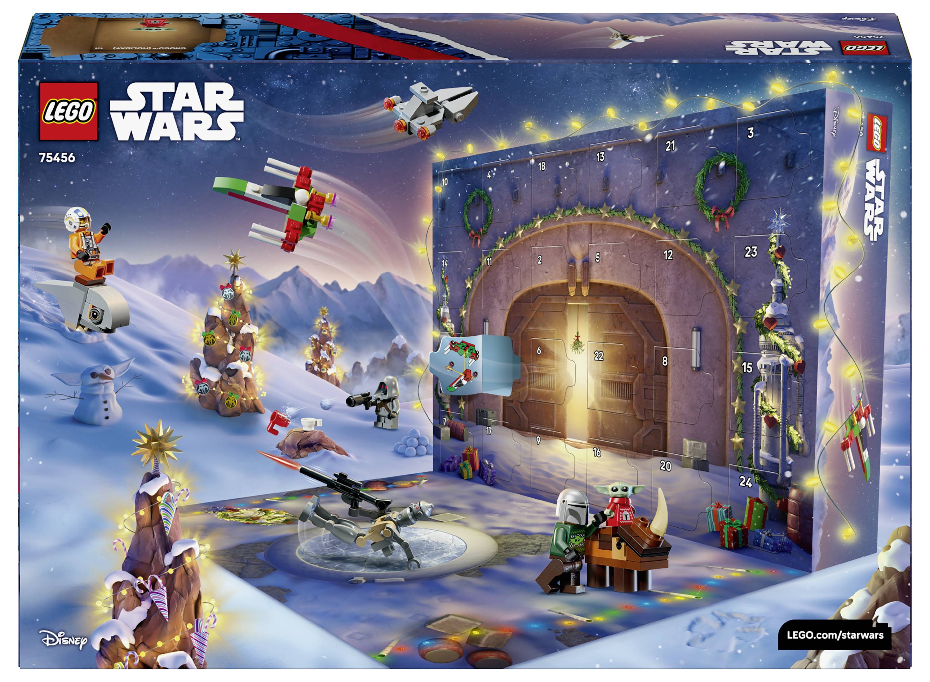 LEGO Star Wars adventný kalendár s krabicou zobrazujúcou 24 dovolenkovo-tematických stavebných prekvapení vrátane minifigúrok, vozidiel a snežných slávnostných scenérií.