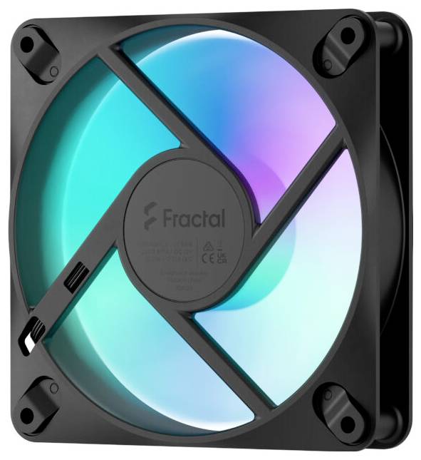 Čierny chladiaci ventilátor počítača Fractal s priehľadnými RGB lopatkami svietiacimi modrou, azúrovou a fialovou farbou v štvorcovom ráme.
