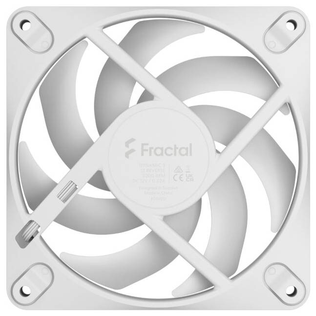 Biely chladiaci ventilátor Fractal s štvorcovým rámom a štyrmi skrutkovacími uchytením v rohoch, zobrazený spredu s ochranným krížovým výstužou.