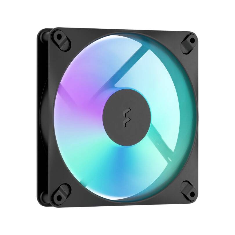 Štvorcový počítačový chladiaci ventilátor s RGB LED lopatkami v čiernom ráme, zobrazený na bielom pozadí.