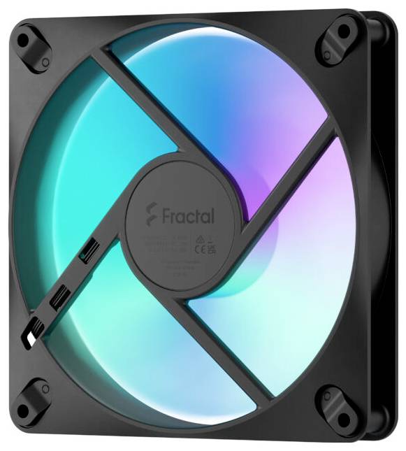 Čierny počítačový skríň ventilátor Fractal s RGB osvetlenými lopatkami v tyrkysovej, modrej a fialovej farbe za štvorcovým rámom.