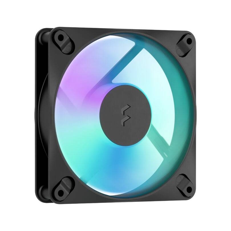 Čierna chladiaca ventilátor PC s RGB osvetlenými lopatkami svietiace v tyrkysovej a fialovej farbe na bielom pozadí.