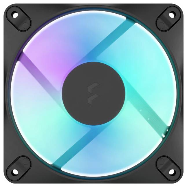 Štvorcový chladiaci ventilátor počítača s dúhovo osvetlenou RGB lopatkou a štyrmi upevňovacími bodmi v rohoch.