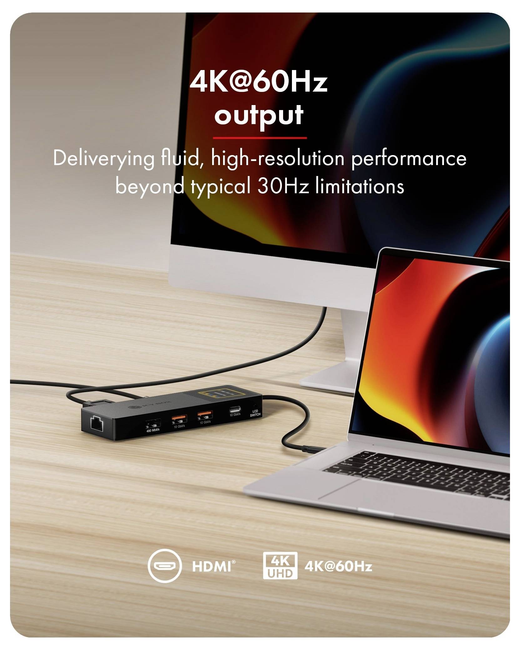 Propagačný obrázok dokovacej stanice spájajúcej laptop s externým monitorom, zvýrazňujúci výstup "4K@60Hz" a "Poskytuje plynulý výkon s vysokým rozlíšením presahujúci typické obmedzenia 30Hz".
