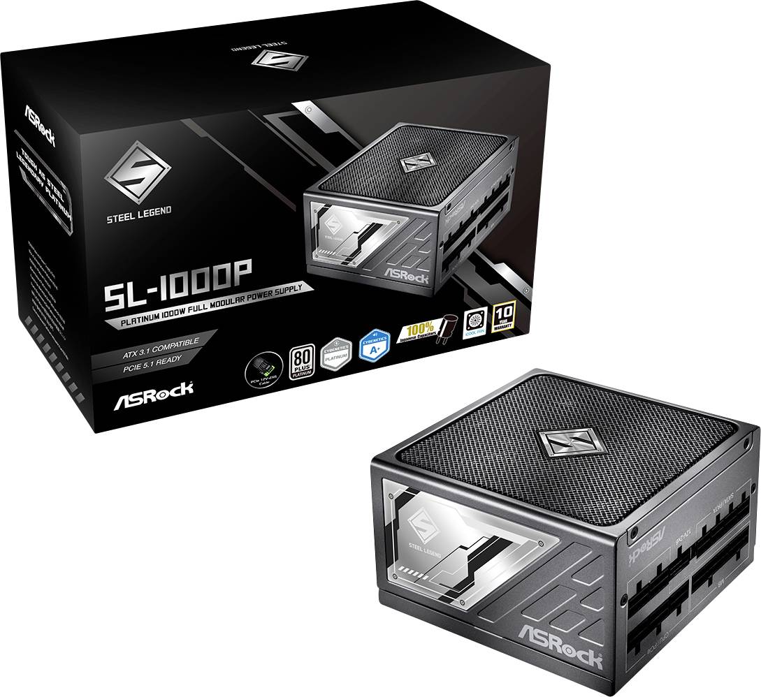 ASRock Steel Legend 5L-1000P zdroj energie zobrazený s jeho originálnym boxom a kompaktnou jednotkou s čiernym a strieborným dizajnom.