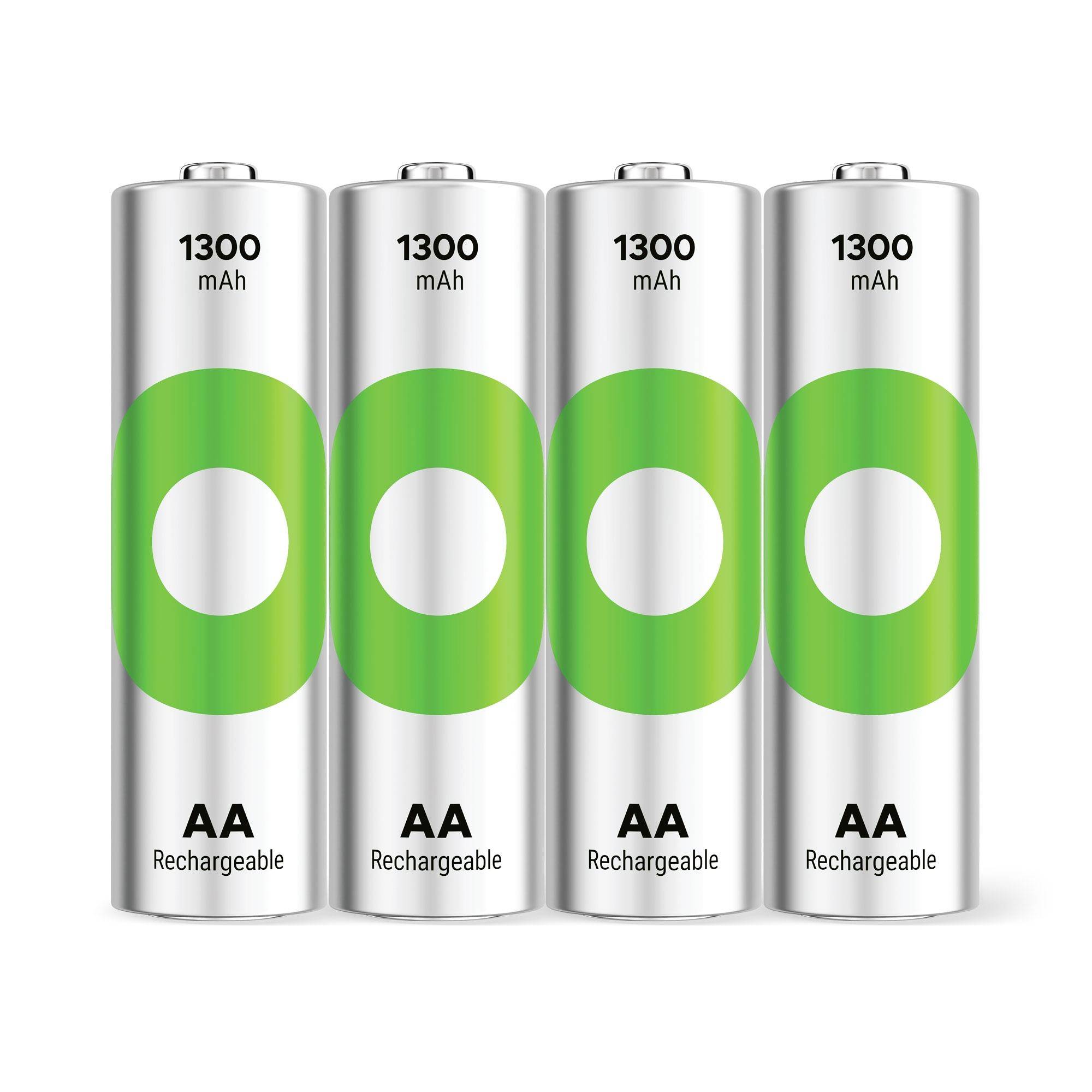 Štyri AA nabíjateľné batérie označené „1300 mAh" so zelenými akcentmi, zobrazené stojace vzpriamene na bielom pozadí.