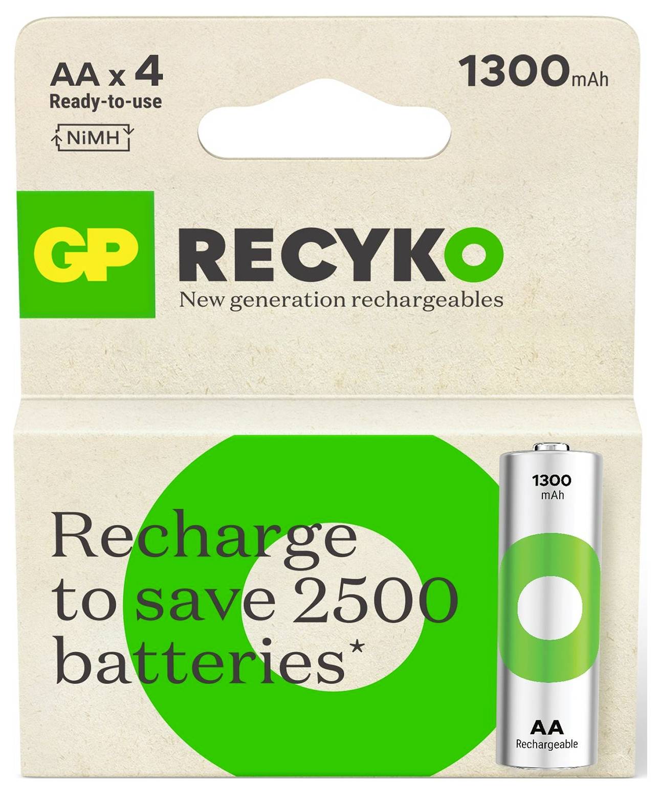 Balenie GP Recyko AA x4 nabíjacie NiMH batérie, 1300 mAh, so zelenobielym obaľom batérií a správou "Nabíjajte, aby ste ušetrili 2500 batérií".