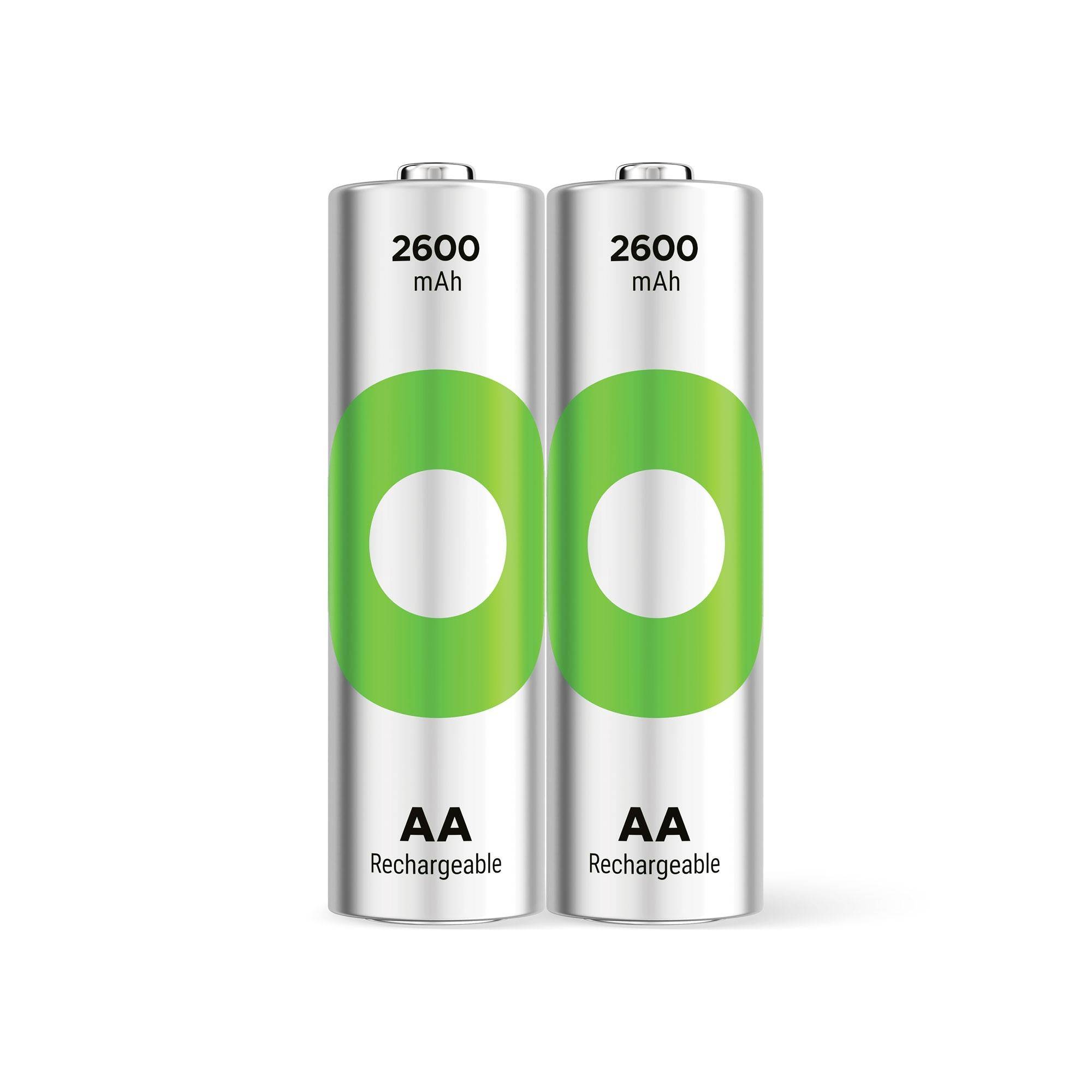 Dve AA nabíjateľné batérie označené "2600 mAh" so zeleným a strieborným dizajnom.