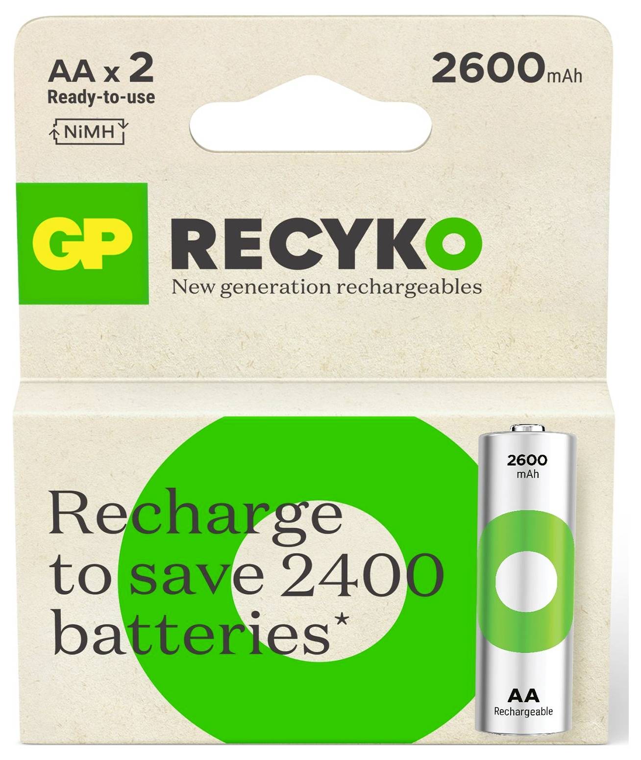 Balíčok nabíjateľných batérií GP Recyko AA, 2 batérie NiMH pripravené na použitie, 2600 mAh, s textom „Nabíjajte a ušetrite 2400 batérií".