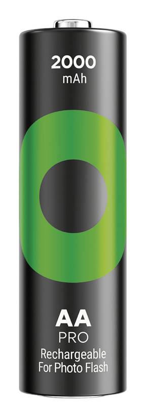 Čierna nabíjateľná batéria AA označená „2000 mAh", „AA PRO" a „Nabíjateľná pre fotofleš" na bielom pozadí.