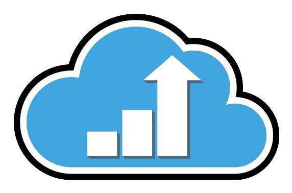Modrá ikona cloudu so stúpajúcim stĺpcovým grafom a vzostupnou šípkou, ktorá naznačuje rast cloudu alebo zvýšenie údajov v cloude.
