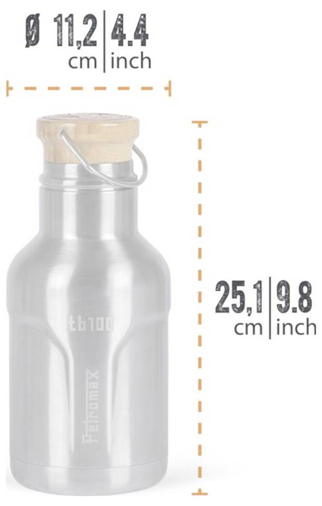 Izolovaná kovová fľaša s dreveným uzáverom, zobrazená s rozmermi: 11,2 cm široká a 25,1 cm vysoká (4,4 x 9,8 palca).