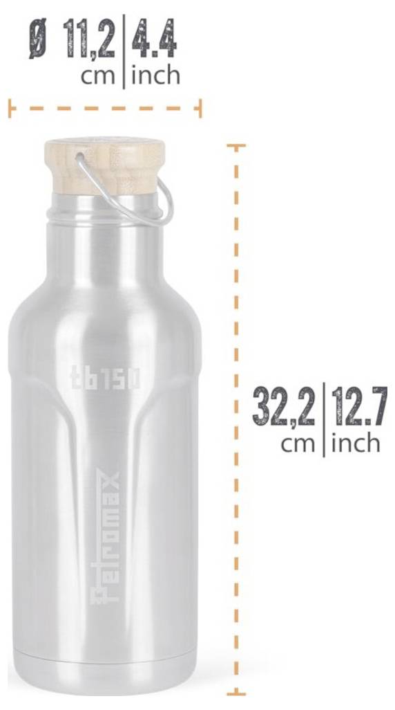 Strieborná izolovaná fľaša s dreveným uzáverom a kovovou slučkou; rozmery sú 32,2 cm na výšku a 11,2 cm na šírku, alebo 12,7 x 4,4 palca.