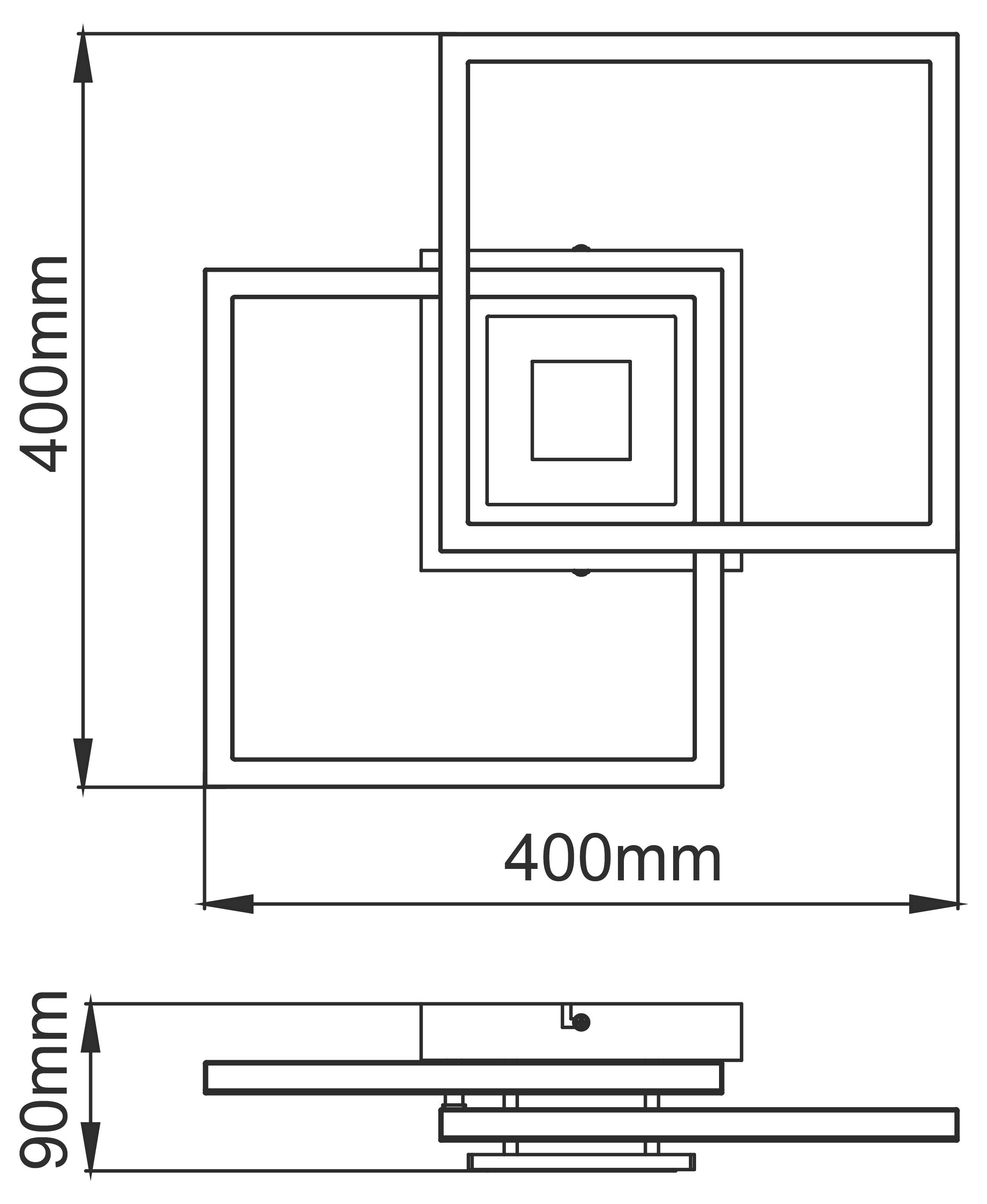 Technická schéma prekrývajúcich sa štvorcových vrstiev, šírka 400 mm a výška 400 mm, pohľad zo strany ukazujúci celkovú výšku 90 mm.