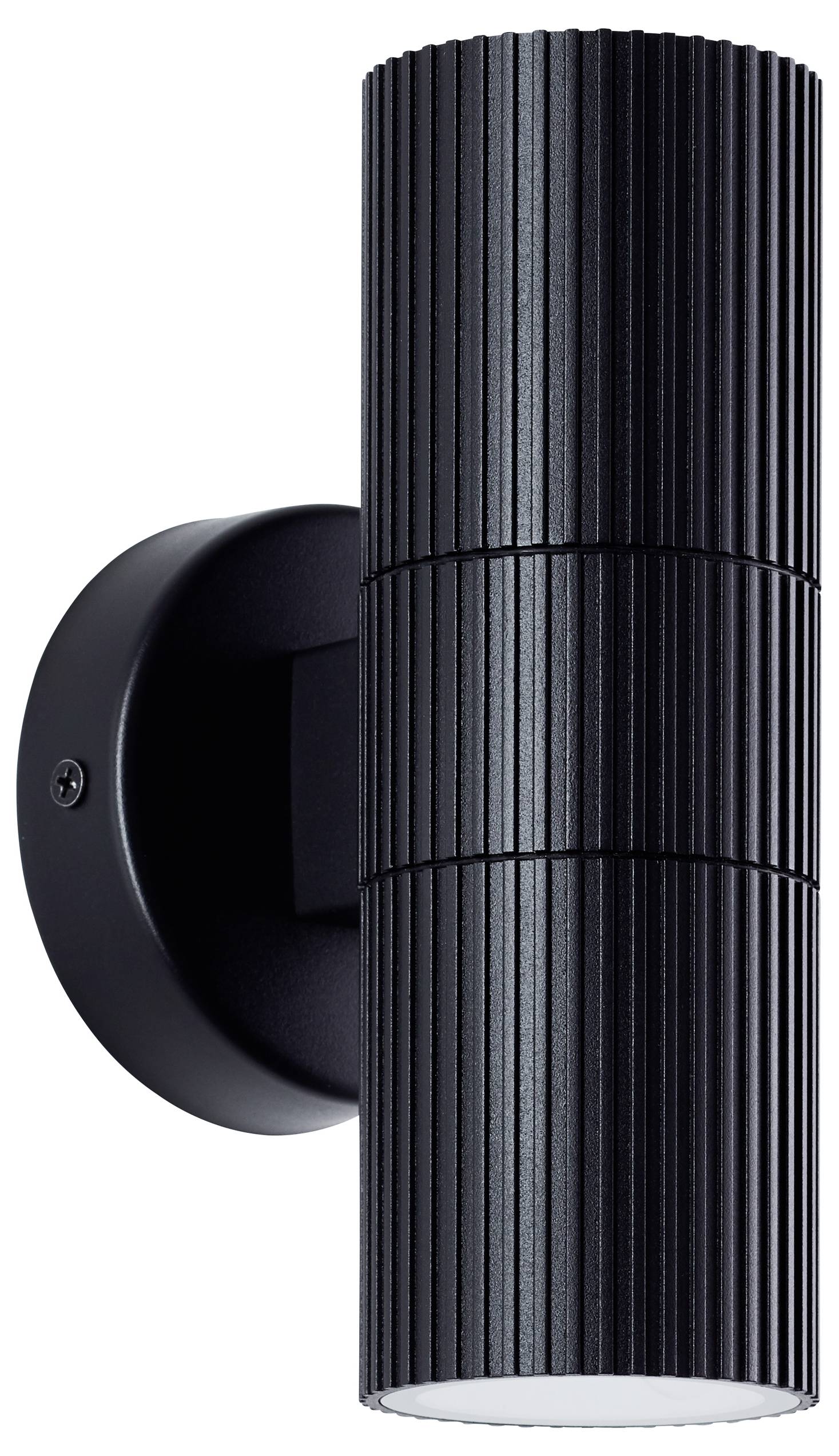 Čierna valcovitá nástenná lampa s rebrovaným vertikálnym tienidlom namontovaným na okrúhlej čiernej podstave.