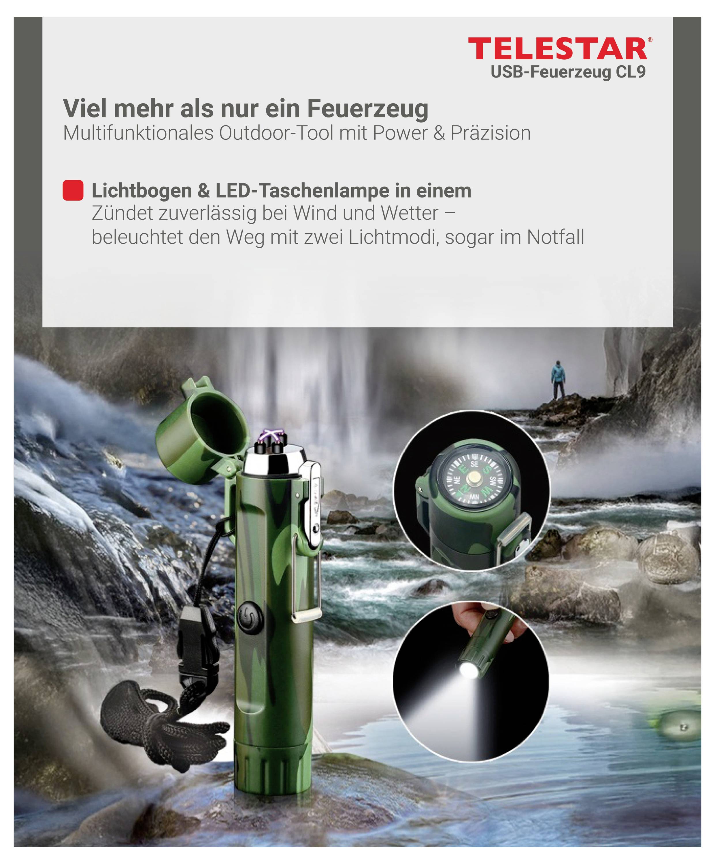 Nemecký inzerát na TELSTAR USB-Feuerzeug CL9: zelený multifunkčný zapaľovač s baterkou, LED lampou a šnúrou, zobrazený v outdoor scéne búrlivej vody.