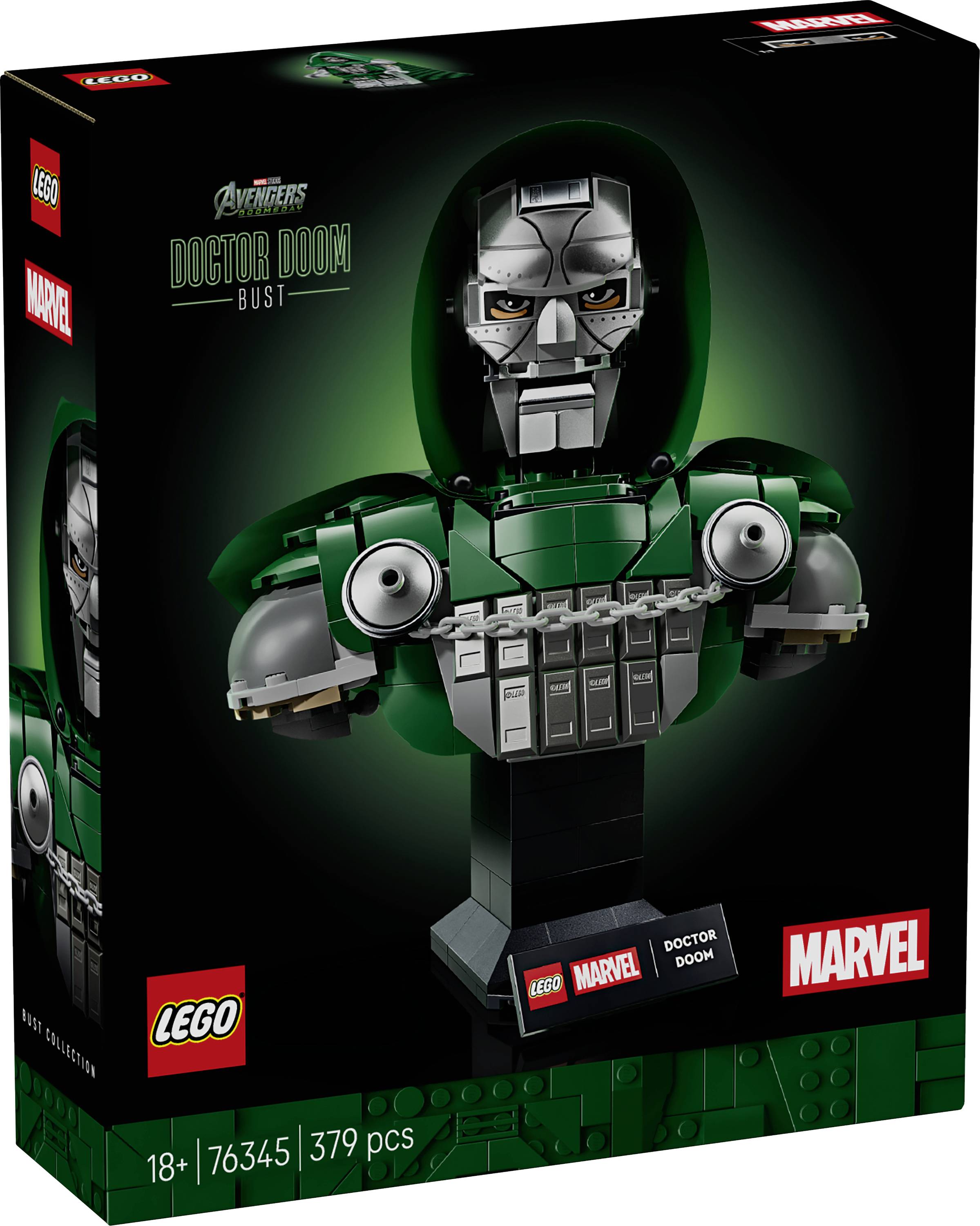 LEGO Marvel Avengers Doctor Doom Bust súprava krabice, zobrazujúca zelenú a striebornú byst Doktora Dooma; označená 18+, 76345, 379 ks.