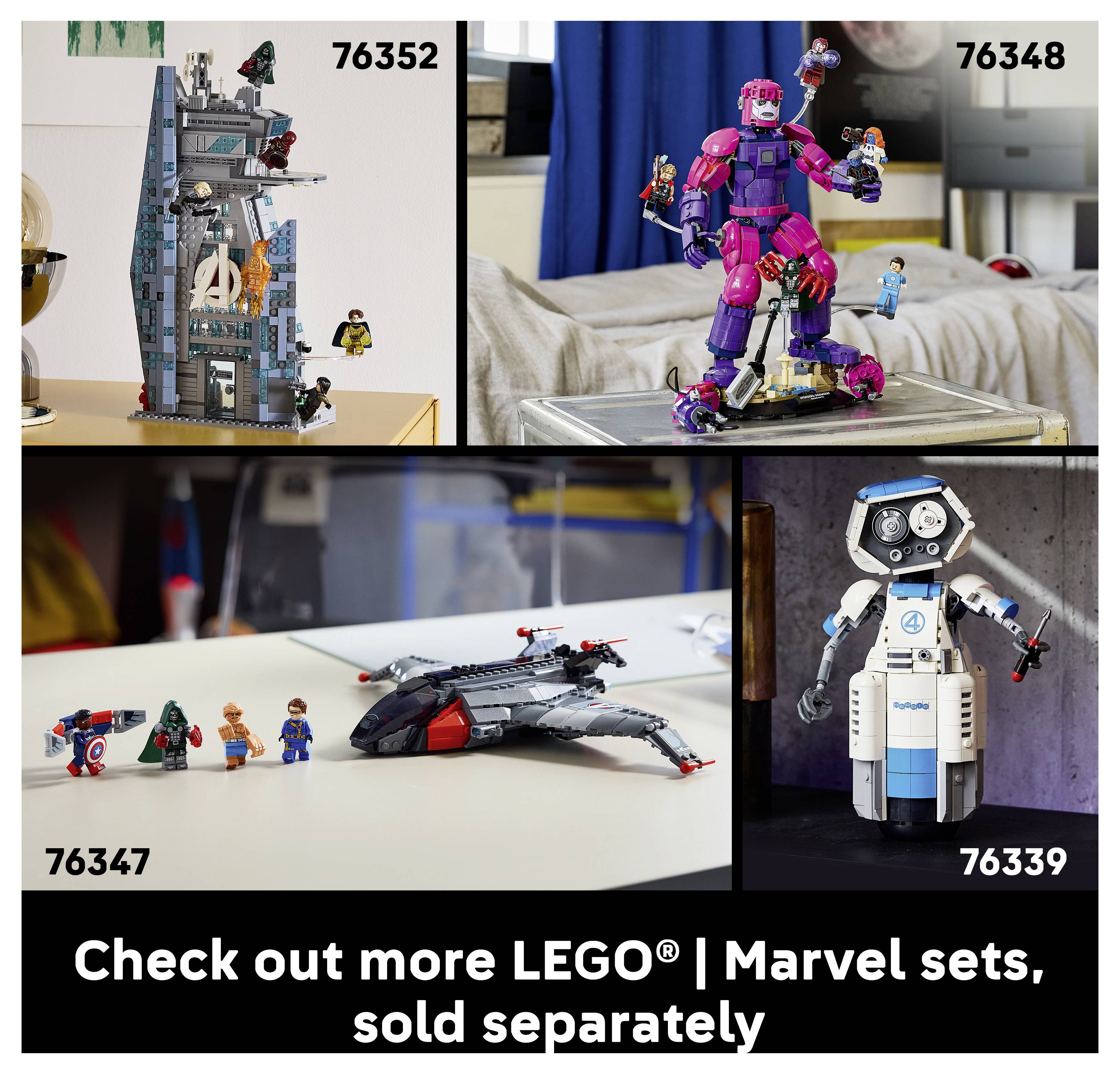 Propagačná koláž štyroch LEGO Marvel setov s číslami setov 76352, 76348, 76347 a 76339, plus text „Pozrite si ďalšie LEGO Marvel sety, predávajú sa samostatne".