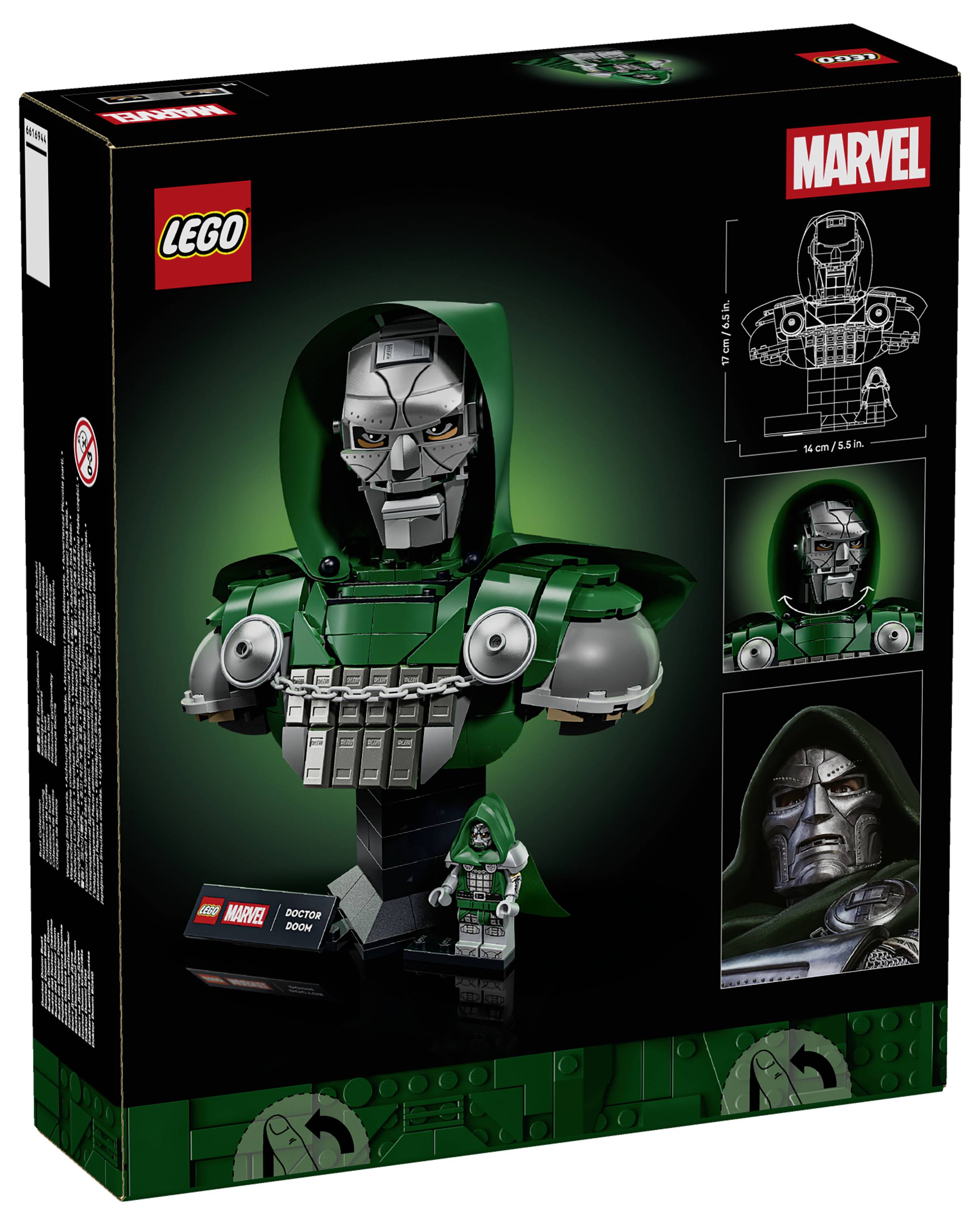 LEGO Marvel Doctor Doom sada v krabici s busto Dooma so zeleným plášťom s kapucňou, minifigúrkou a bočnými obrázkami zobrazujúcimi detaily stavby.