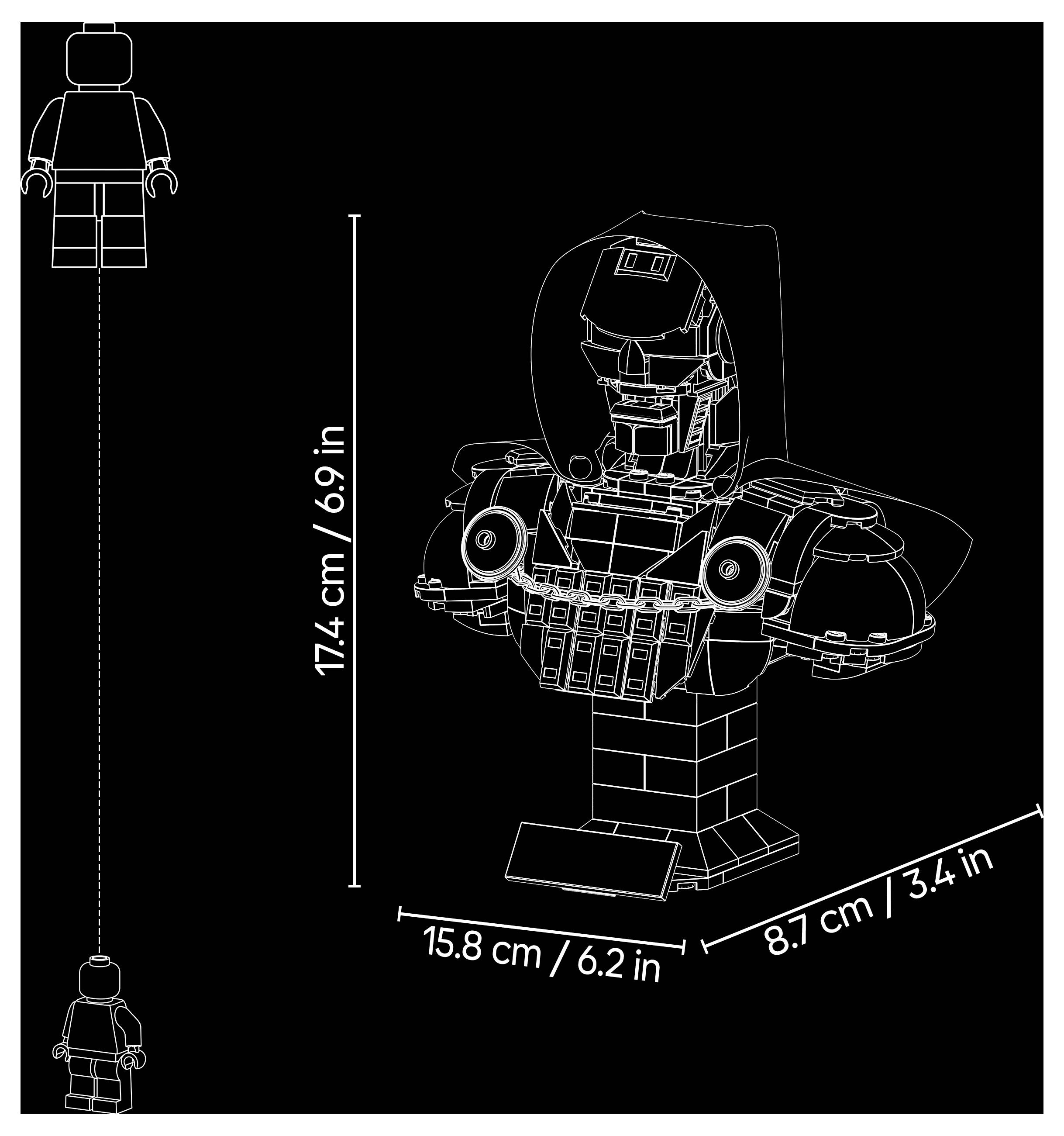 Diagram rozmerov busty robota v štýle Lego s pohľadom spredu a zboku, označený 17,4 cm vysoký, 15,8 cm široký a 8,7 cm hlboký.