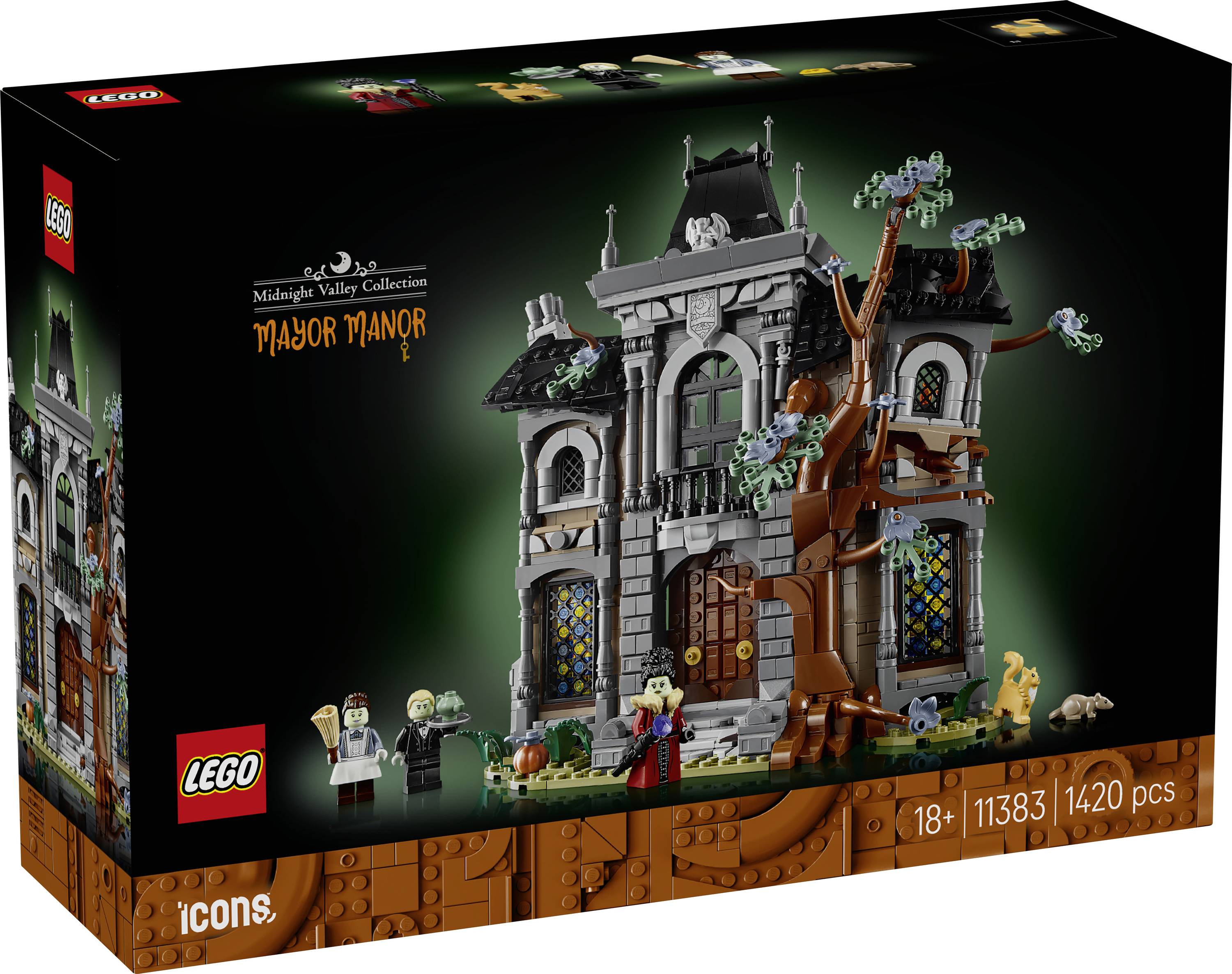 LEGO Icons „Veľký majer" Zbierka Midnight Valley sada s boxom zobrazujúcim spookovaný model sídla, vek 18+, sada 11383, 1420 kusov.