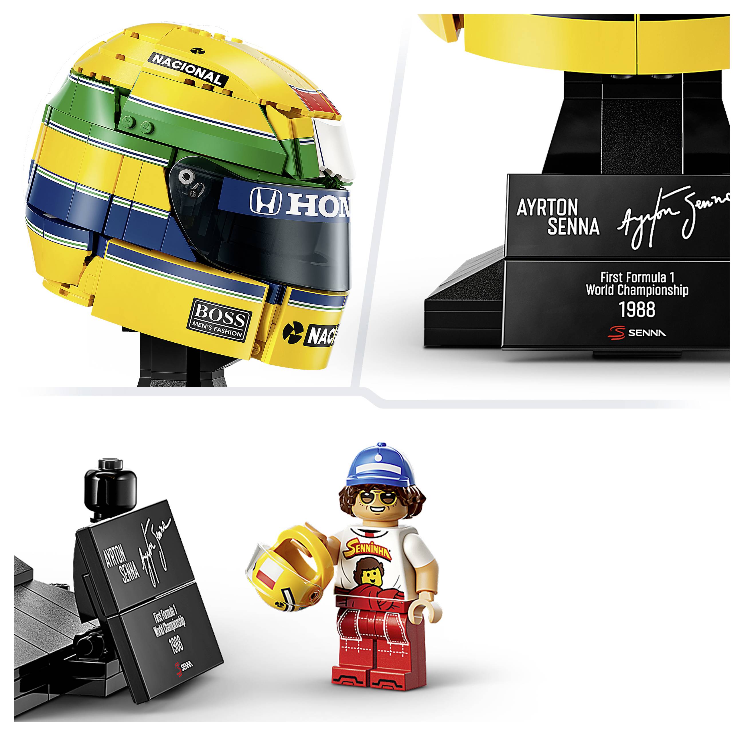 LEGO Senna pamätný set zobrazujúci žltazo-zelenú pretekársku helmu, tabuľku 'Ayrton Senna' s podpisom a minifigúrku držiacu helmu.