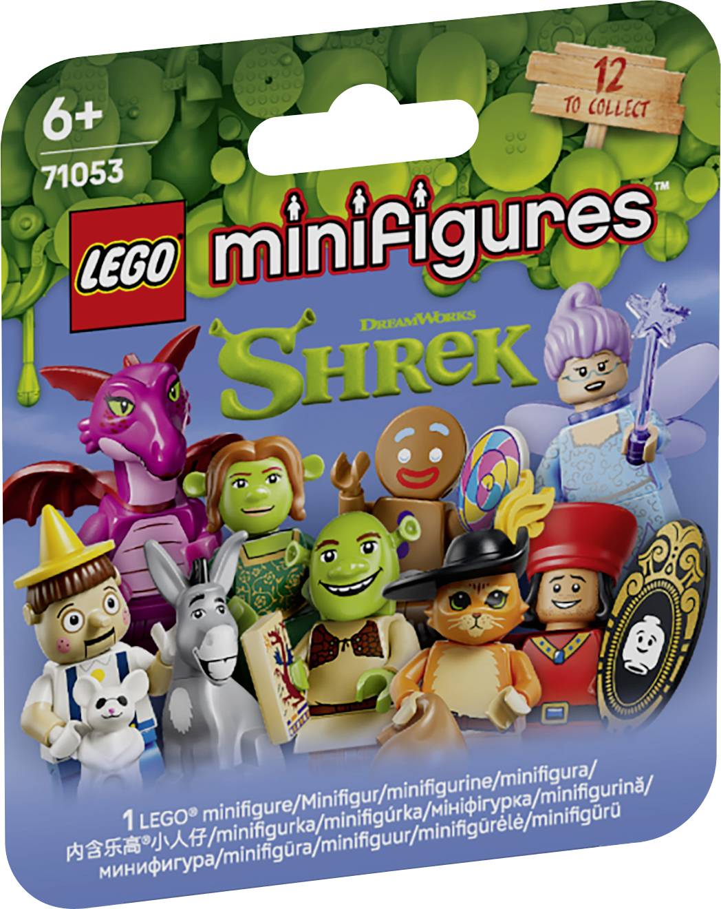 LEGO Minifigury Shrek neviditeľný sáčok, vek 6+, zobrazujúci niekoľko minifigúrok postavy Shrek a text "12 na zber".