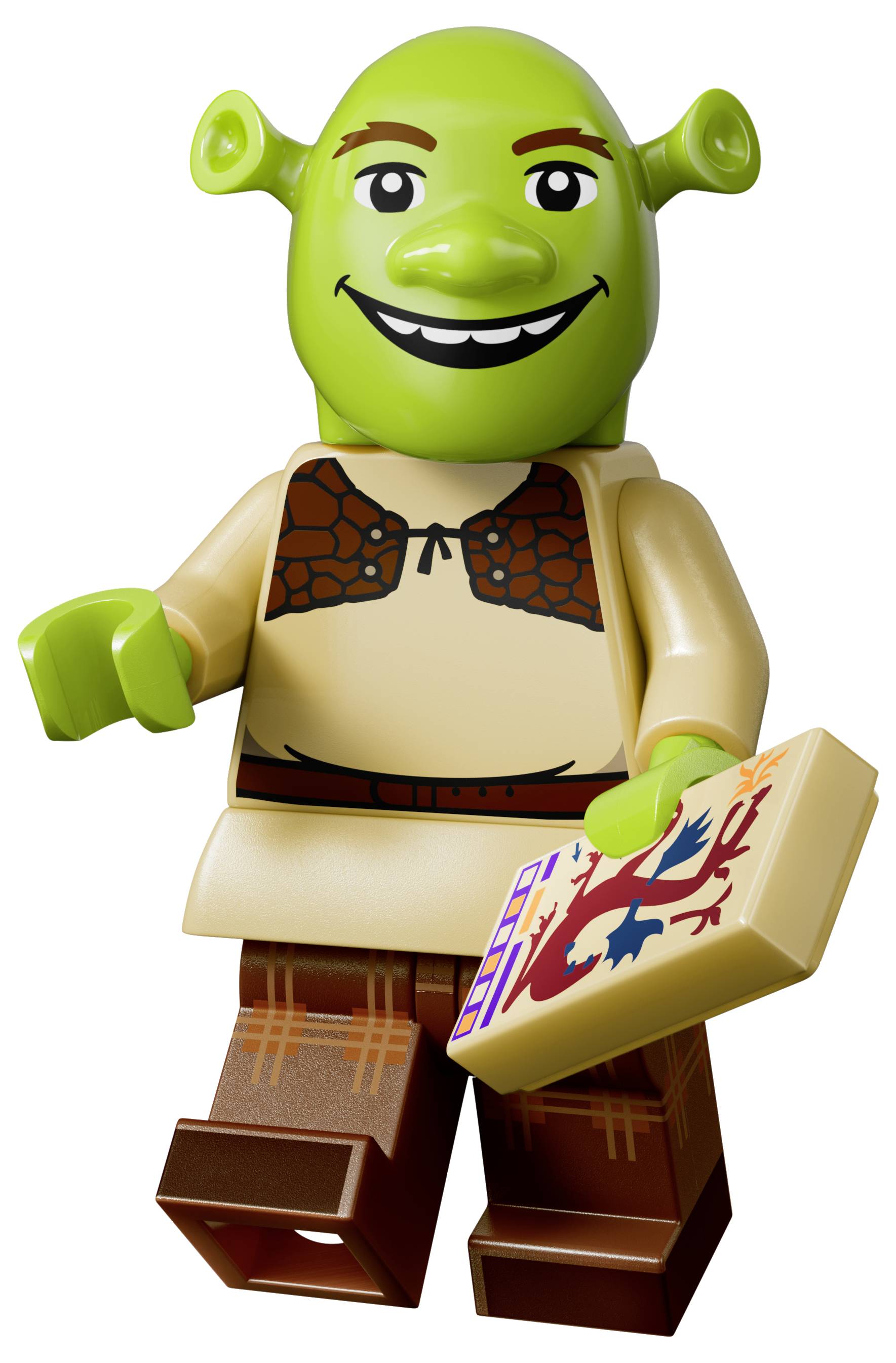 Zelený Shrek LEGO minifigúra s úsmevom a chôdzou, držiaca mapu alebo knihu v jednej ruke, oblečená v pieskovej kostýme s hnedými nohami.