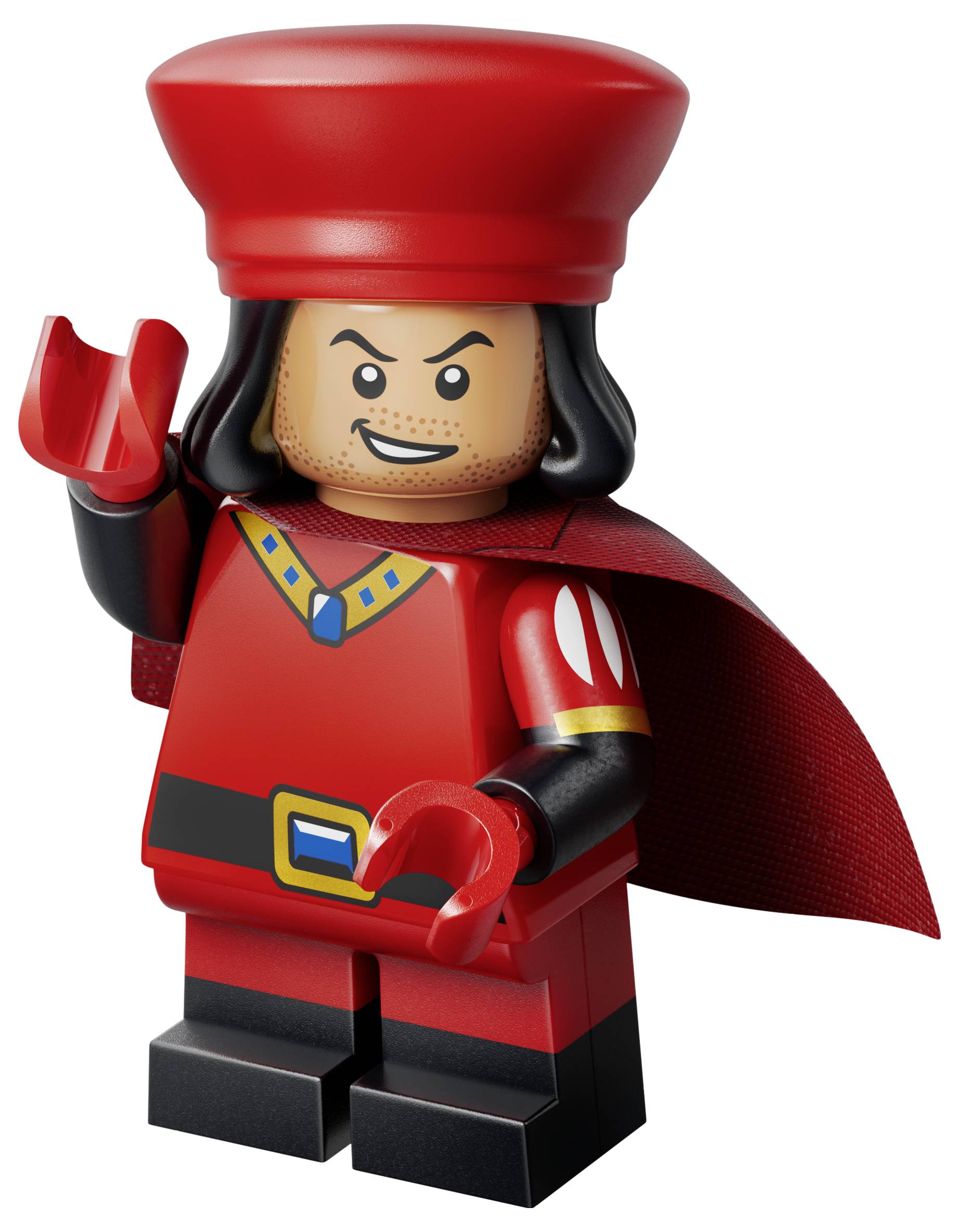Červená LEGO podobná minifigúrka v červenom klobúku a plášti, usmievajúca sa a pózujúca so zdvihnutými rukami.