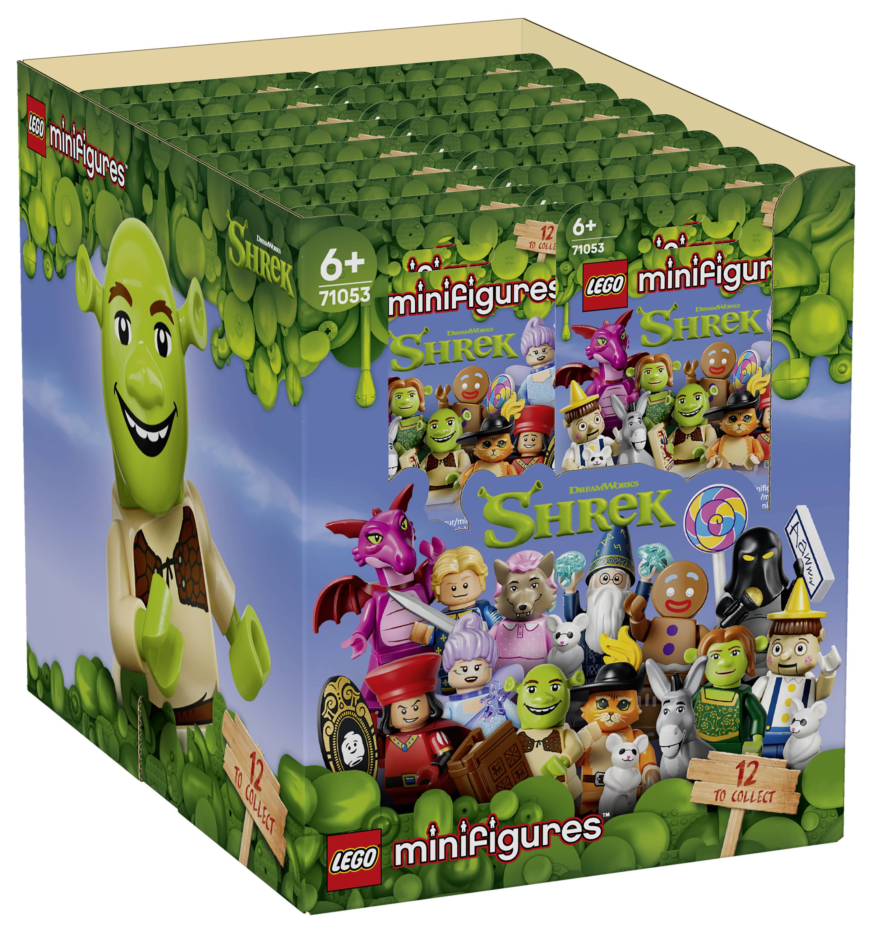Krabica LEGO Minifigúriek série Shrek 71053, obsahujúca Shreka, Donkeyho, Fionú a ďalšie postavy, označená 6+ a 12 na zbieranie.