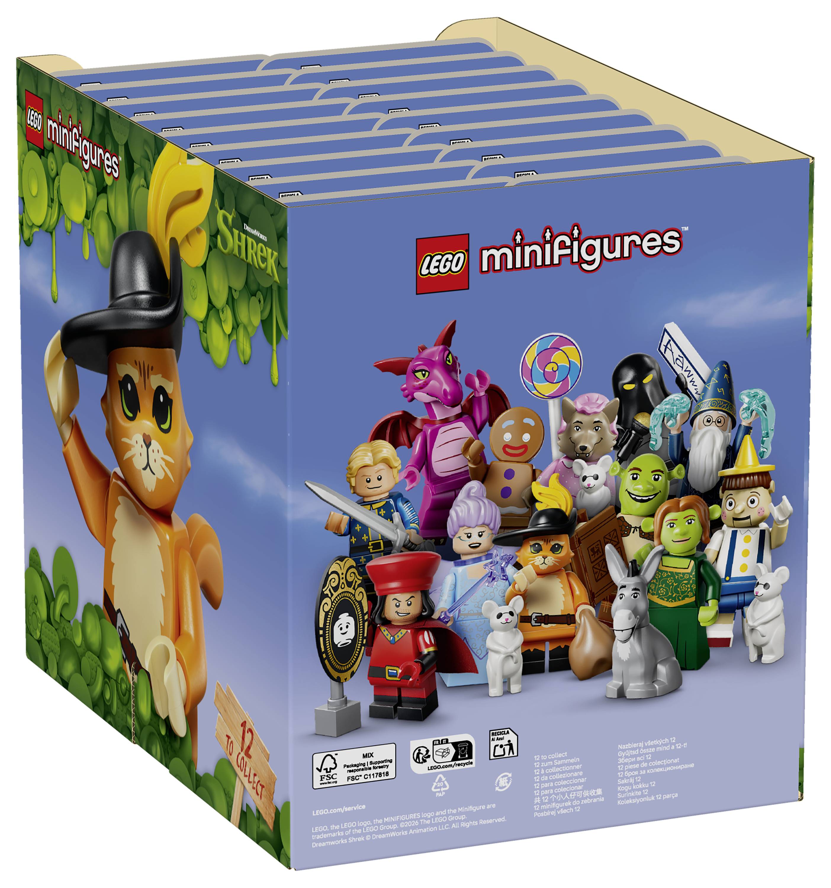 LEGO Minifigúrky s tematikou Shreka – box na vystavenie zobrazujúci na prednej strane viacero minifigúrok postáv vrátane Shreka, Osla, Fiony a Perníkového muža.