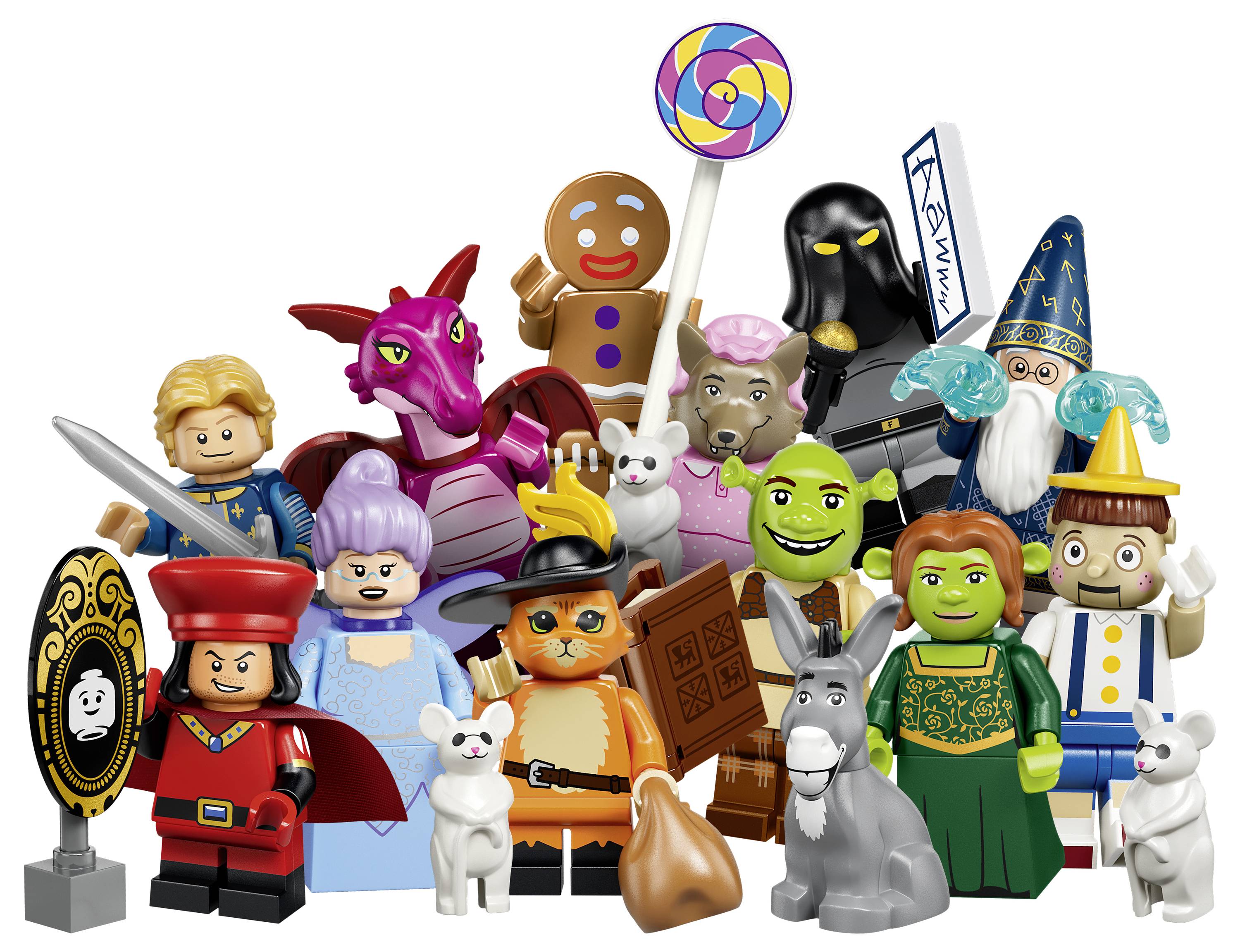 Skupina LEGO štýlu fantasy minifigúrok a zvierat pózujúcich spolu, vrátane čarodejníka, rozprávkových postáv, draka, skratov, králika, осla a perníkového muža.