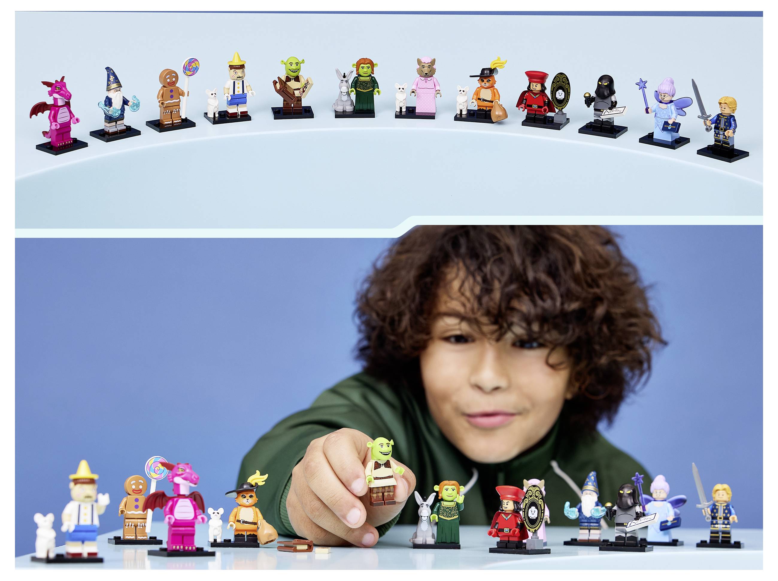 Dieťa v zelenej mikine sa siaha po rade farebných LEGO minifigúrok, pričom sú ďalšie figúrky zobrazené v hornej a dolnej časti obrázka.