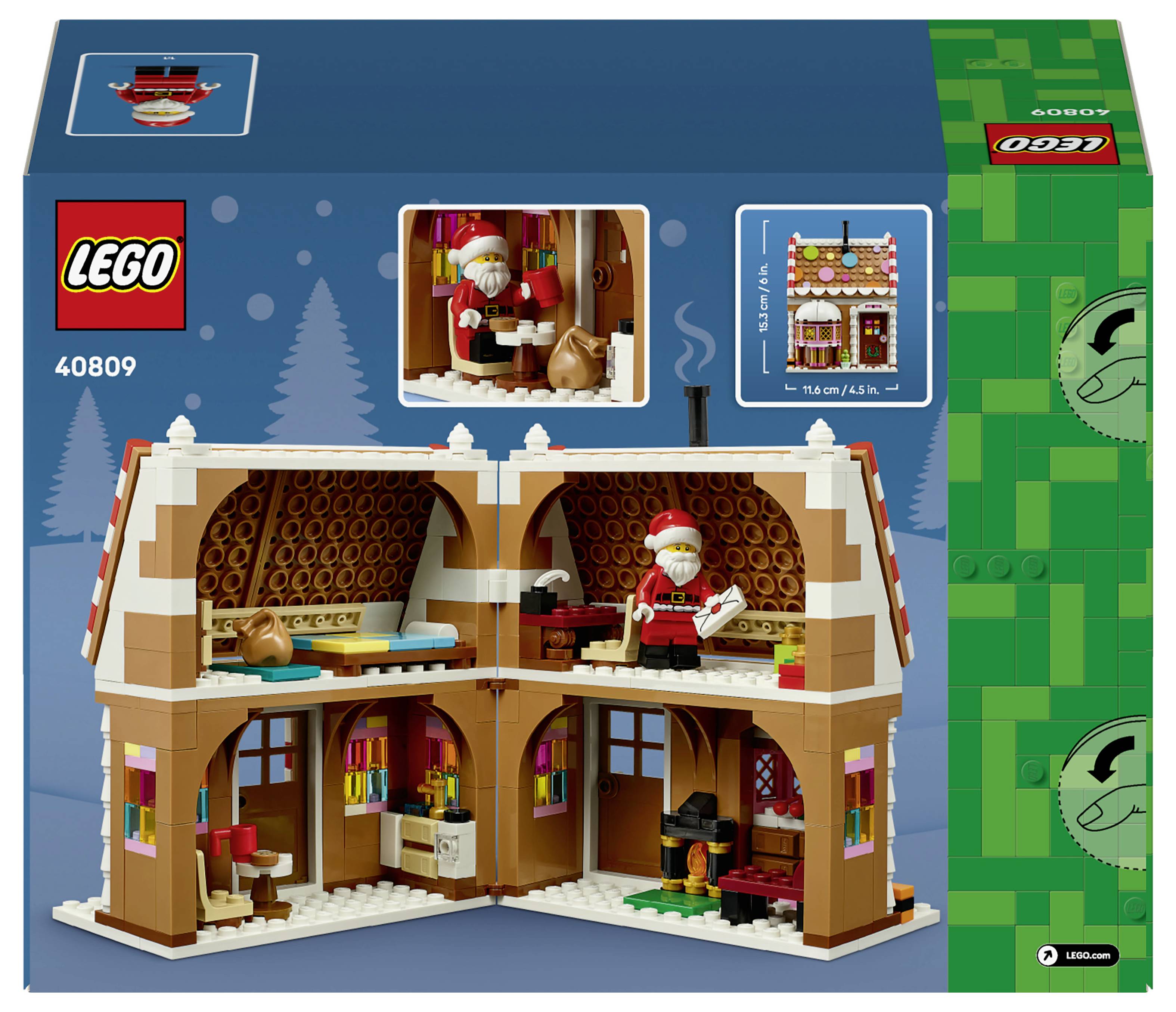 Sada LEGO s krabicou zobrazujúcou zimnú tematiku domu s minifigúrkou Sv. Mikuláša a interiérovými miestnosťami; sada 40809.