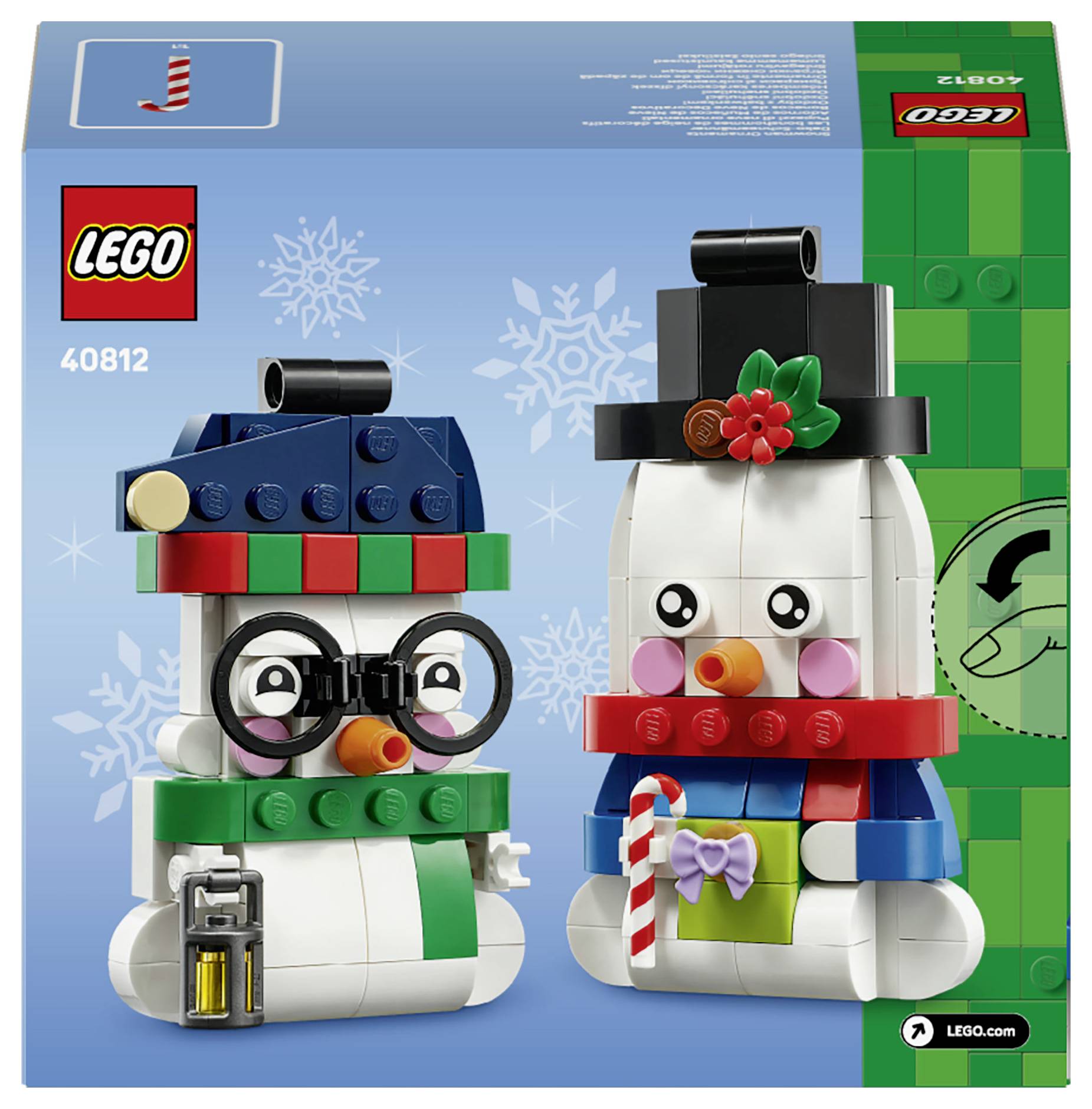 LEGO 40812 obrázok produktu zobrazujúci dve postavy snehuliakov vyrobené z LEGO kociek, jeden s okuliarmi a lampášom, druhý s cylindrom a šál.