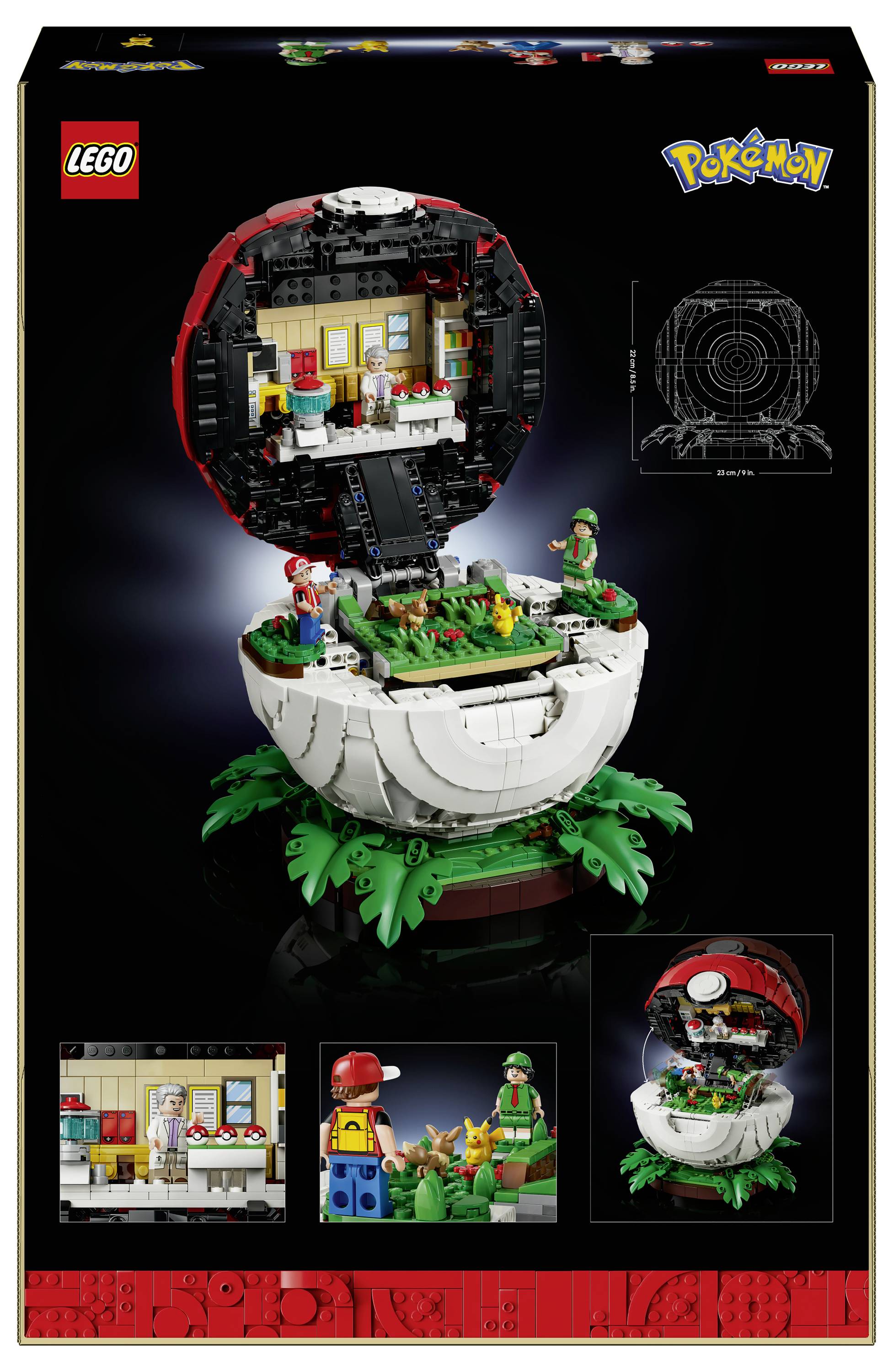 LEGO Pokémon výstavný set v krabici s dioramou Poké Lopty s vnútornou scénou, minifigúrkami a Pikachu, plus malými schémami stavby a logami.