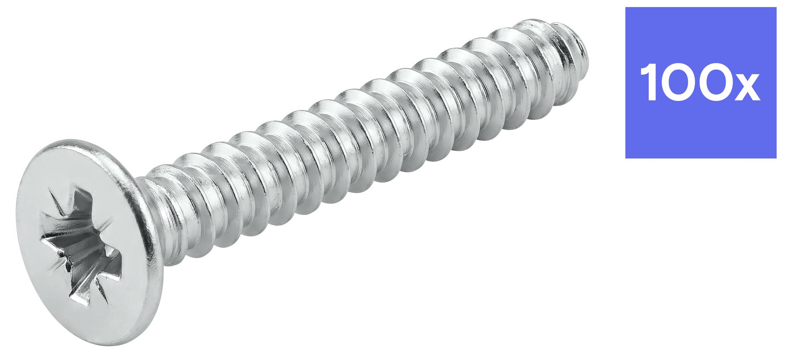 Strieborný skrutka Phillips s označením "100x" v modrej krabici, čo naznačuje balenie 100 skrutiek.