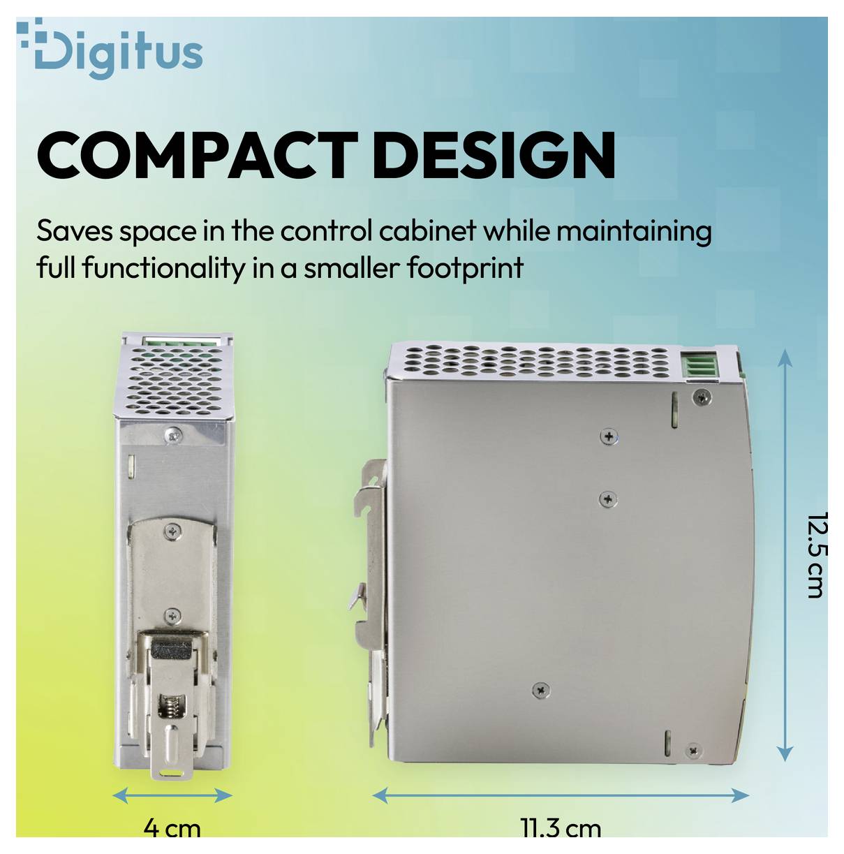 Digitus kompaktný produktový grafika ovládacieho skrinky modulu: 11,3 cm šírka, 12,5 cm výška a 4 cm hĺbka, s úsporou miesta a plnou funkčnosťou.