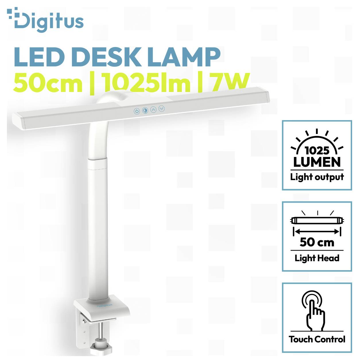 Digitus LED stolná lampa so svorkou, 50 cm svetelná hlava, 1025 lumenov výkonu, 7W príkon a dotykové ovládanie.