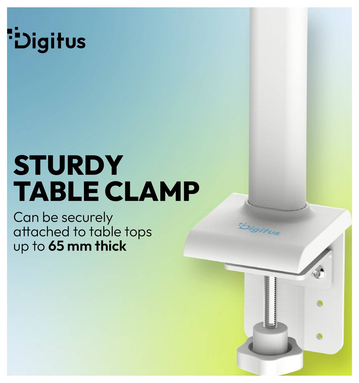 Objekty na upevnenie stola "STURDY TABLE CLAMP" od Digitus; svorka sa bezpečne pripevňuje na dosky stola do hrúbky 65 mm.