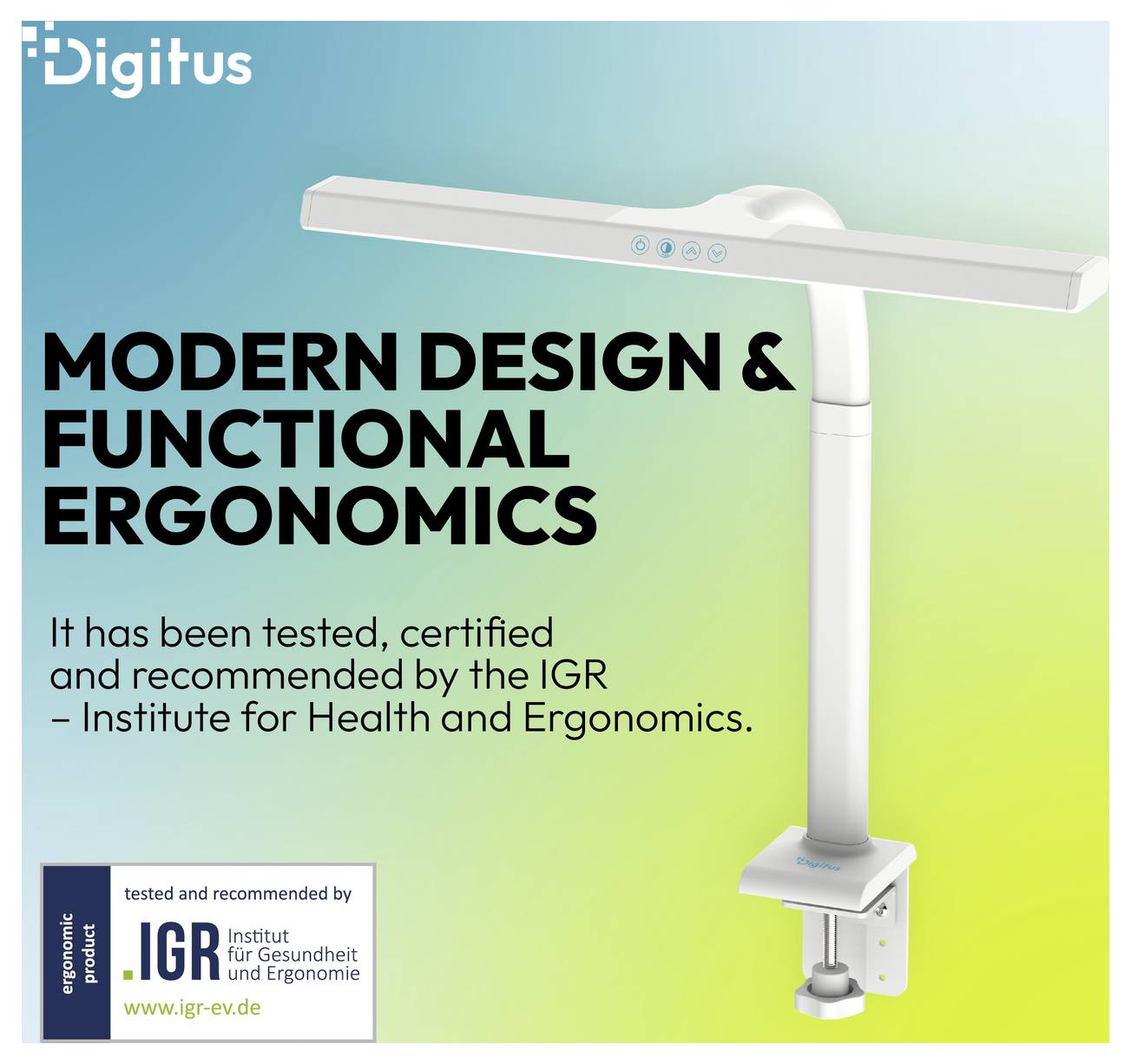 Ergonomické rameno monitora Digitus s textom „Moderný dizajn a funkčná ergonómia"; certifikované a odporúčané Inštitútom IGR pre zdravie a ergonómiu.