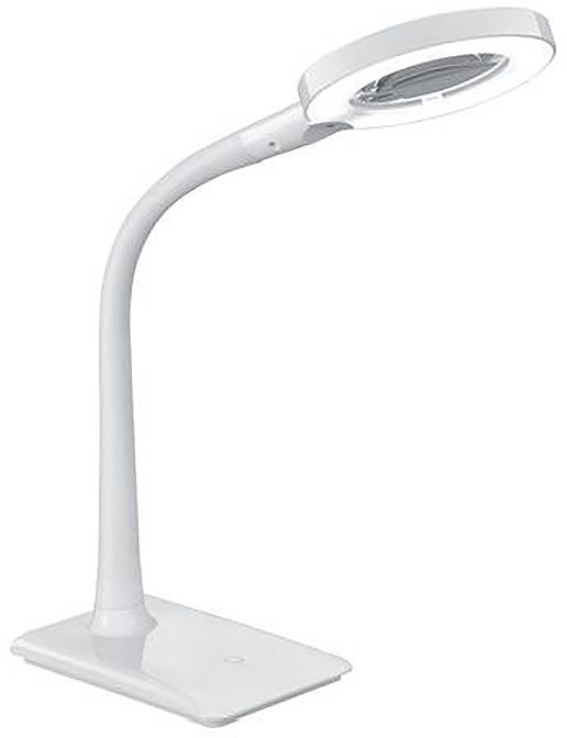 Biela nastaviteľná stolná lampa s ohnutým ramenom, oválnou svetelnou hlavou a obdĺžnikovou podstavou na jednoduchom pozadí