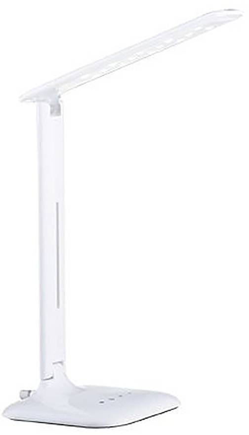 Biela nastaviteľná LED stolová lampa s plochým obdĺžnikovým podstavcom a štíhlym zvislým stonkom na jednoduchom pozadí.