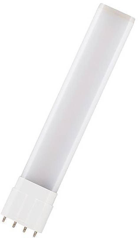 Biela zástrčková LED trubicová lampa so štyrmi kovovými kolíkmi na jednom konci, zobrazená na jednoduchom pozadí.