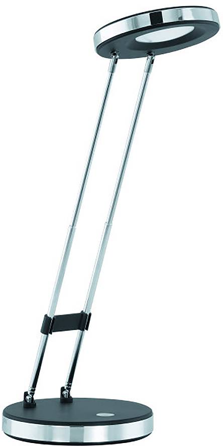 Moderná nastaviteľná stolná lampa s dvoma tenkými podpornými ramená, okrúhlou základňou a cirkulárnym svetelným hlavou na bielom pozadí.