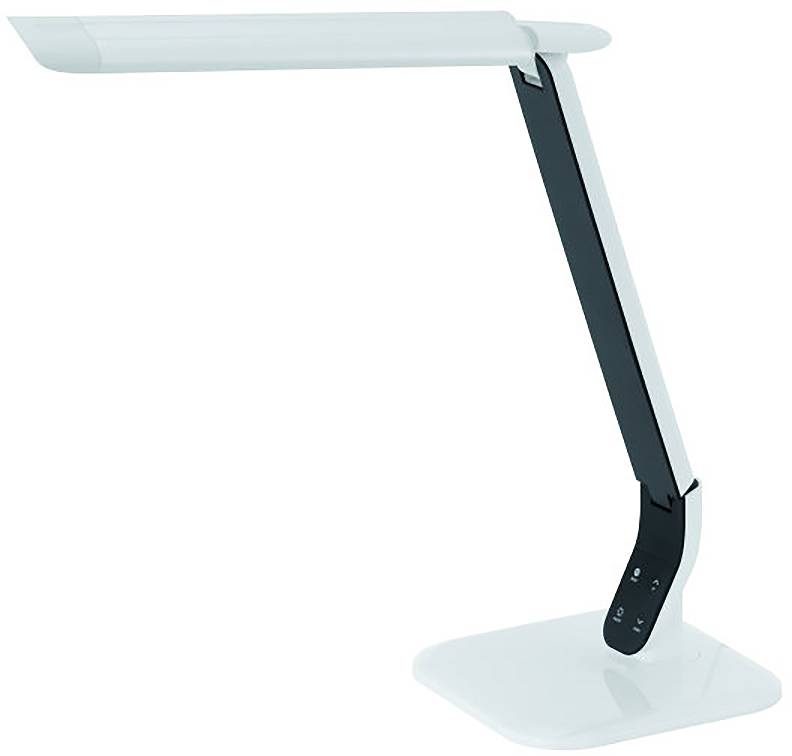 Moderná nastaviteľná stolová lampa s tenkou čiernou ramenom a matným svetelným panelom na bielej podstave.