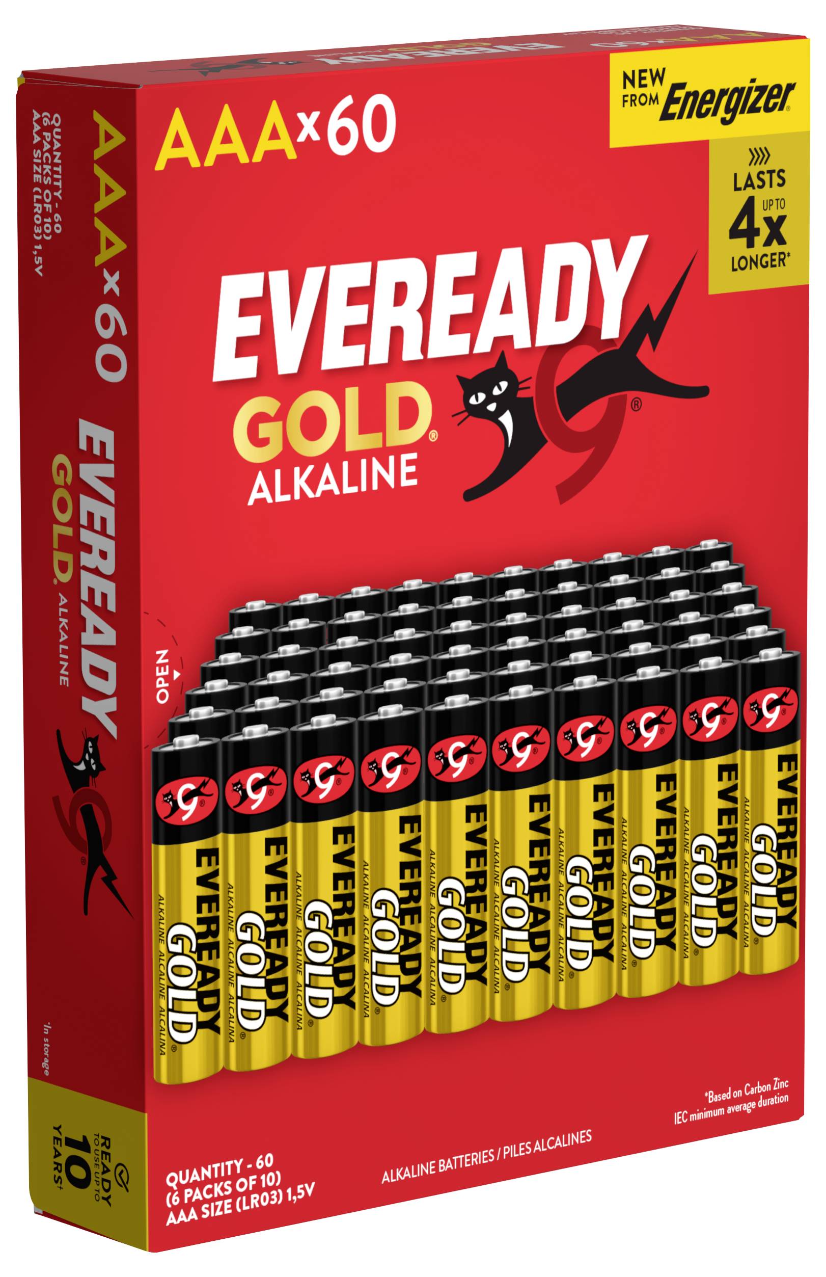 Krabica alkalických batérií Eveready Gold AAA, označená ako „AAA x60" a „Nové od Energizeru", zobrazujúca 60 batérií s nárokmi „vydržia 4x dlhšie".