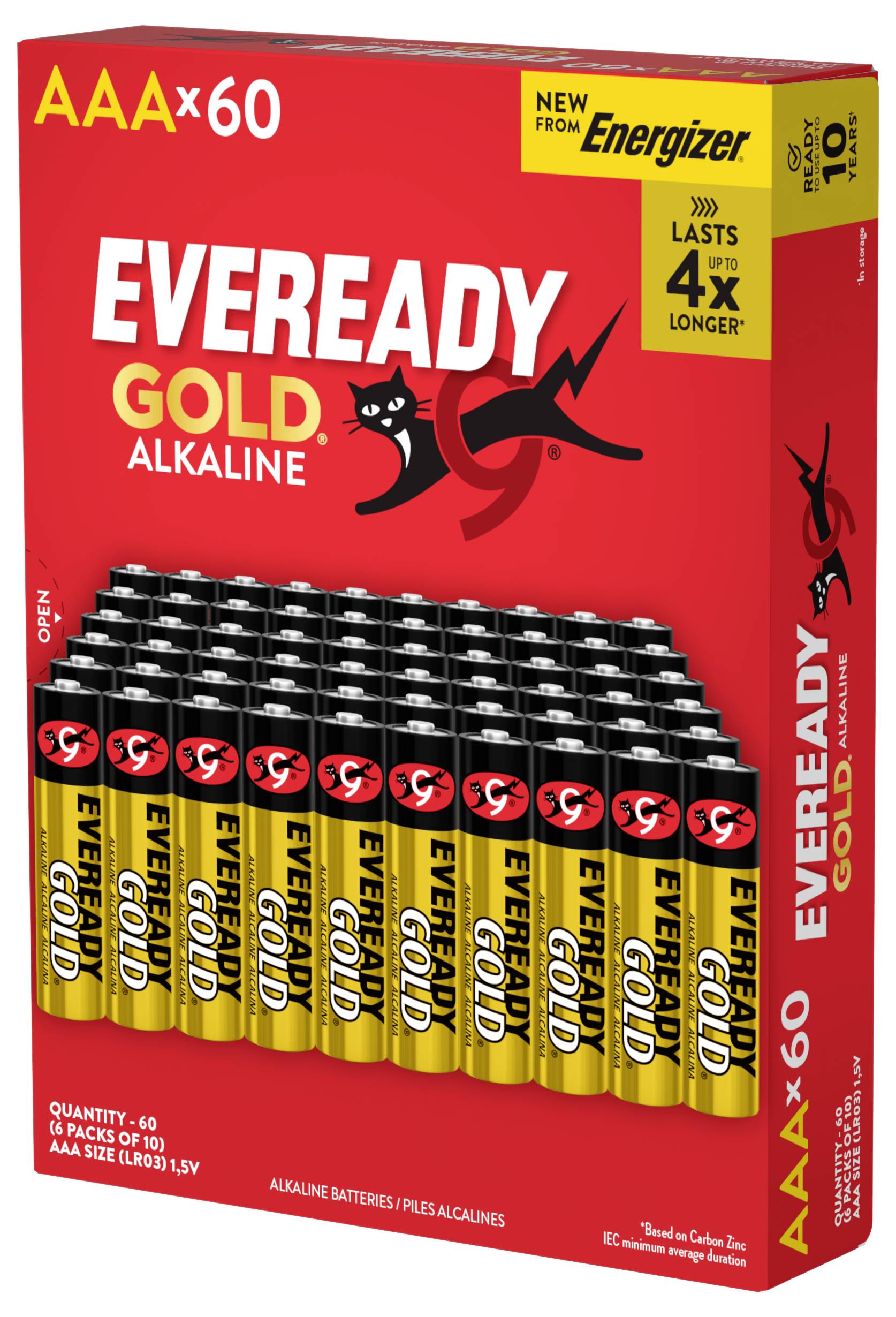 Červený balík batérií Eveready Gold Alkaline označený AAA x60, zobrazujúci 60 batérií AAA a text „vydrží až 4x dlhšie".
